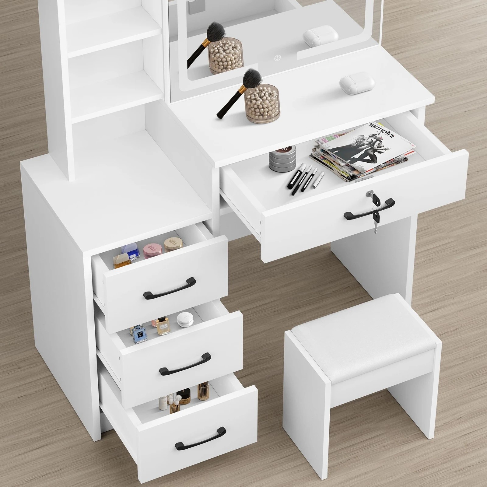 4 Alfordson Dressing Table Stool Set Makeup Mirror Vanity Desk Drawers - White, 4 of 10