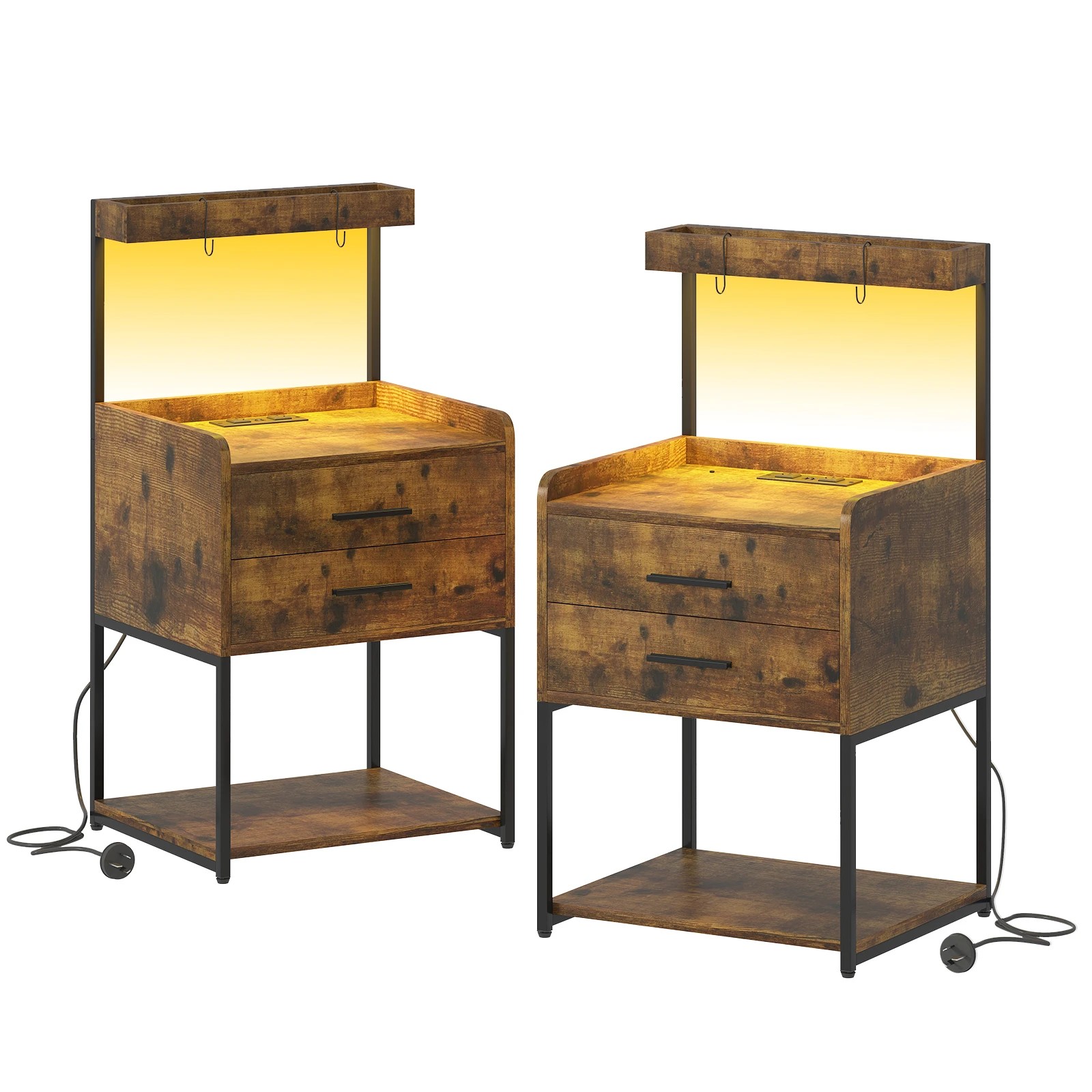 1 Advwin Set of 2 Bedside Table with Charging Station LED Lights Drawers - Brown, 1 of 10