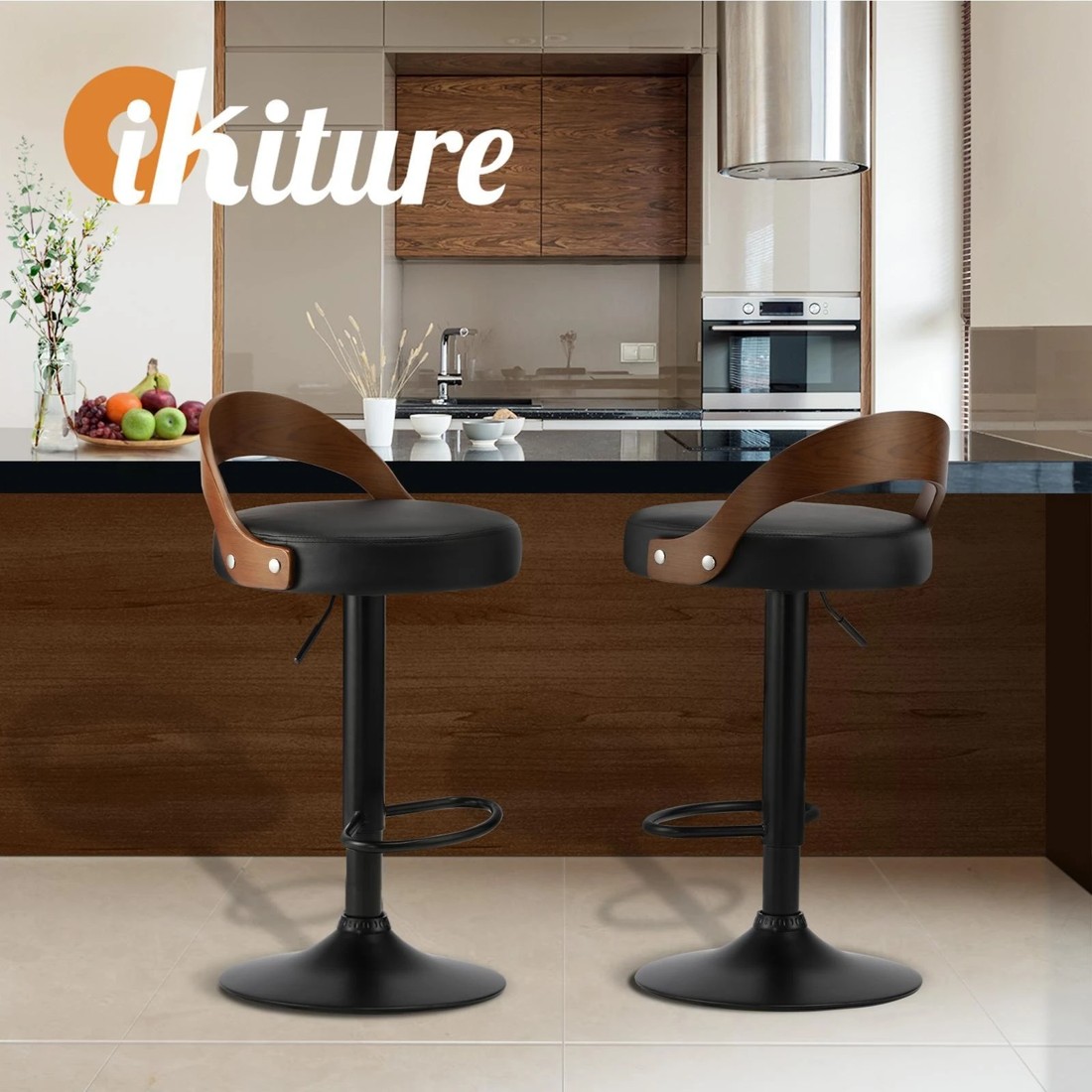 8 Oikiture Kitchen Bar Stools Gas Lift Swivel Chairs Stool Wooden Pu Leather X2
 - Black, 8 of 9