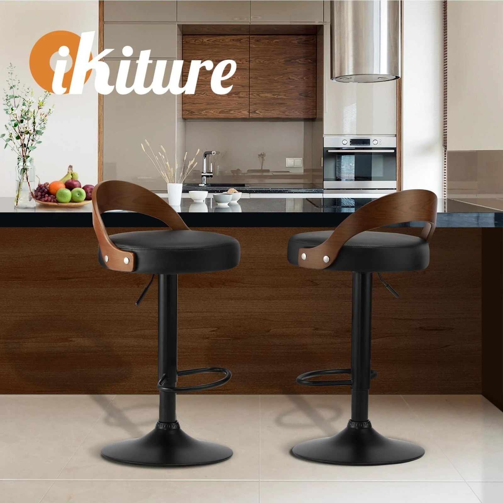 8 Oikiture Kitchen Bar Stools Gas Lift Swivel Chairs Stool Wooden Pu Leather X2
 - Black, 8 of 9