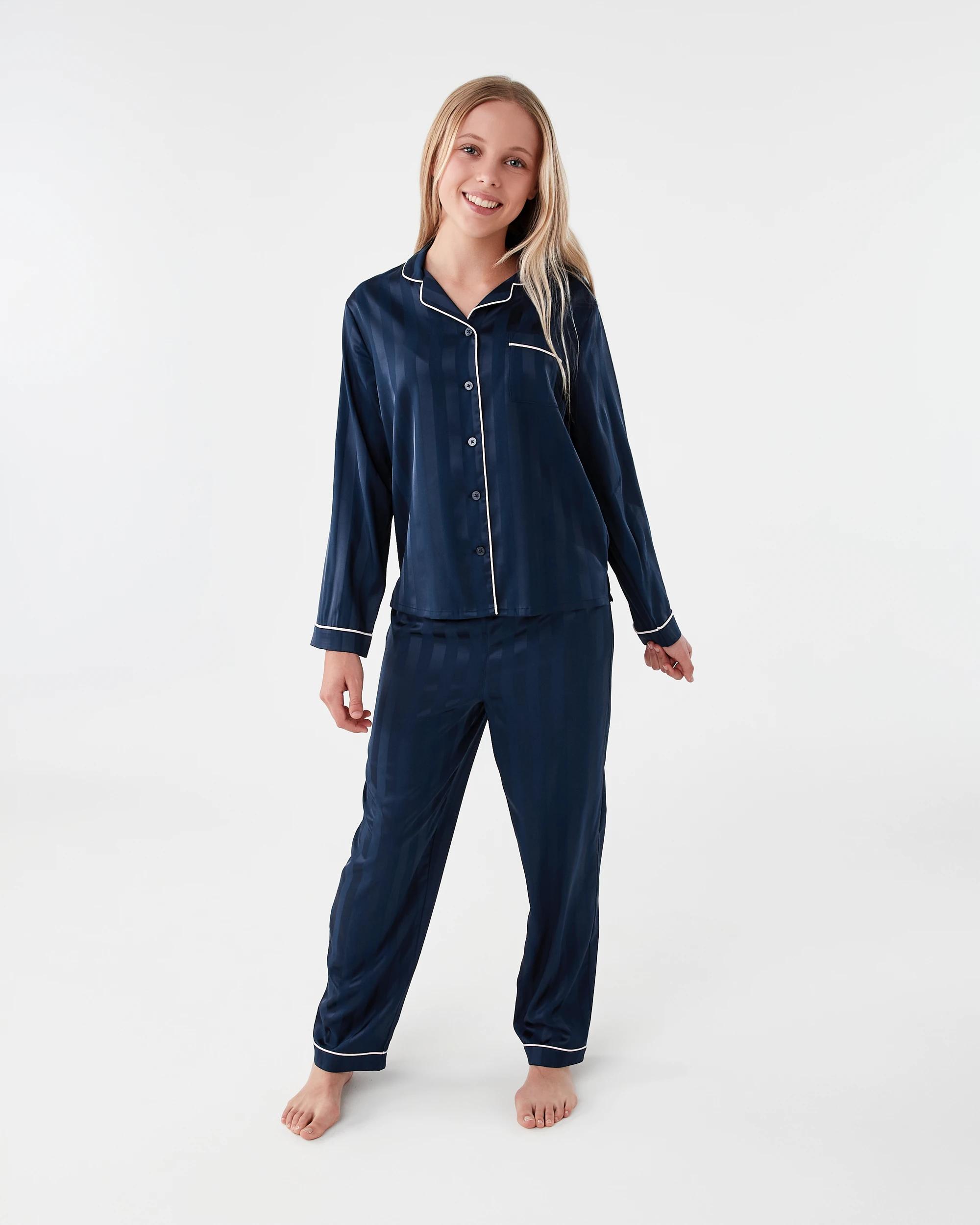 1 Long Sleeve Satin Pyjama Set Dress Navy, 1 of 7
