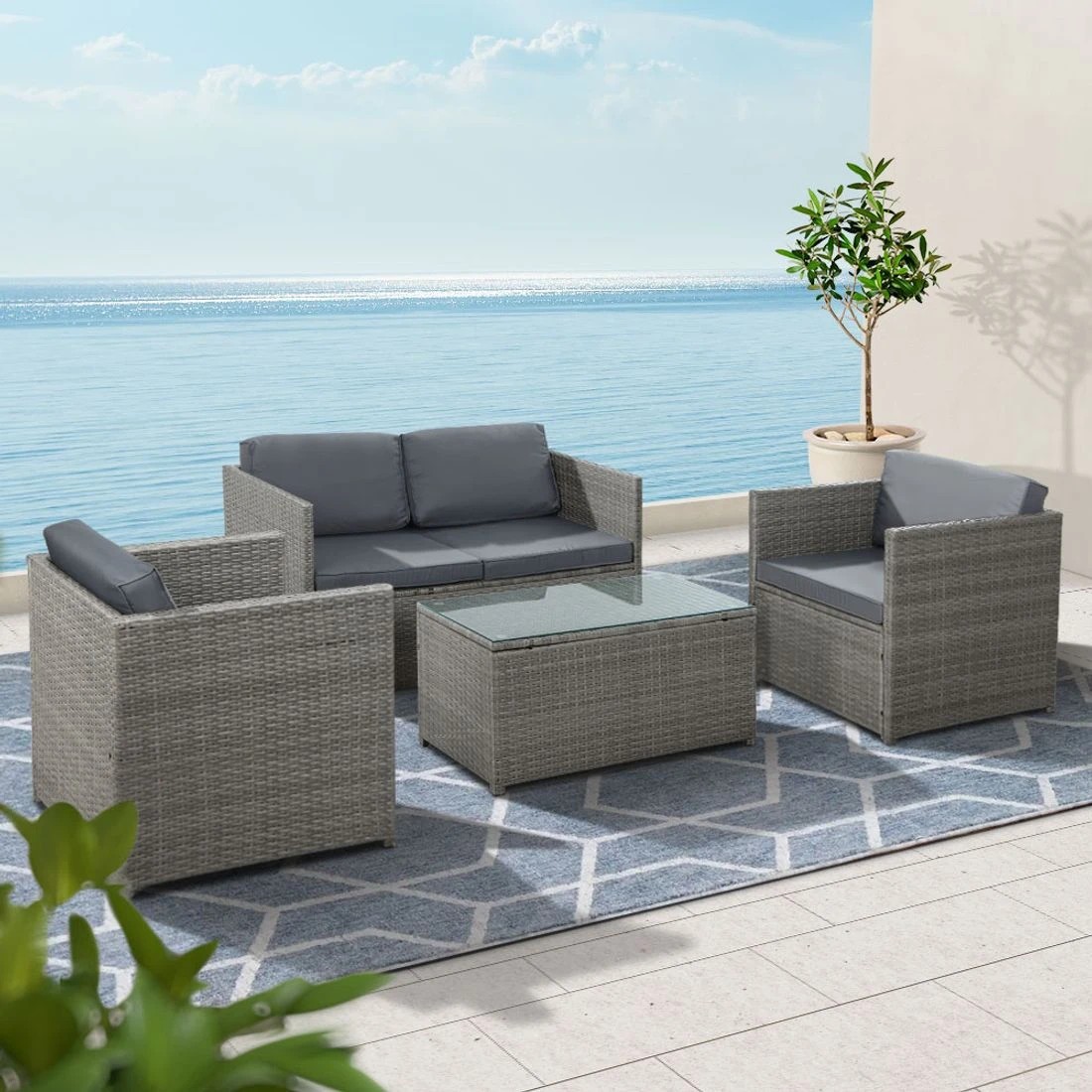 3 Gardeon 4-Piece Outdoor Sofa Set Wicker Couch Lounge Setting - Grey, 3 of 5