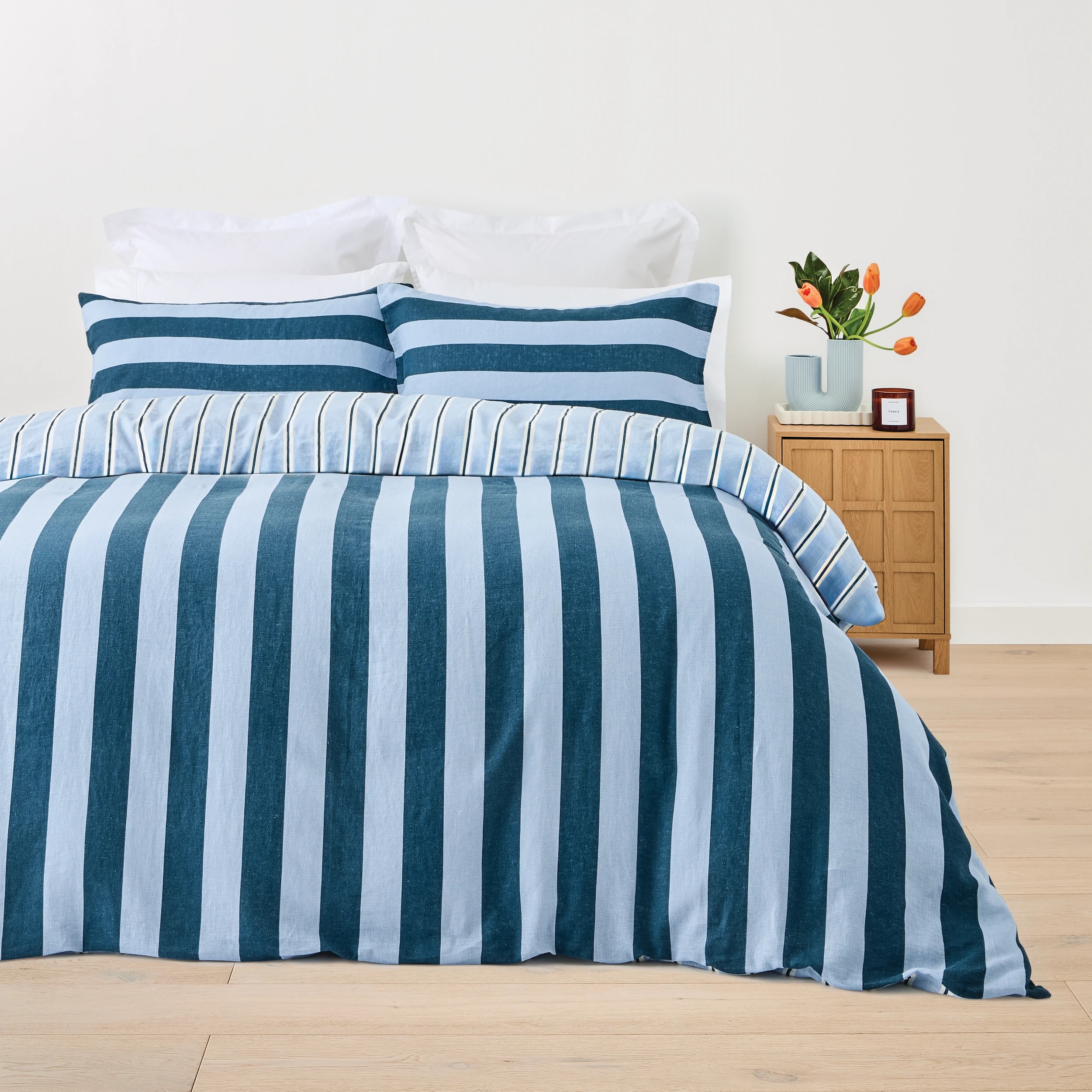 1 Stripe Linen Cotton Reversible Quilt Cover Set - King Bed, Blue, 1 of 8