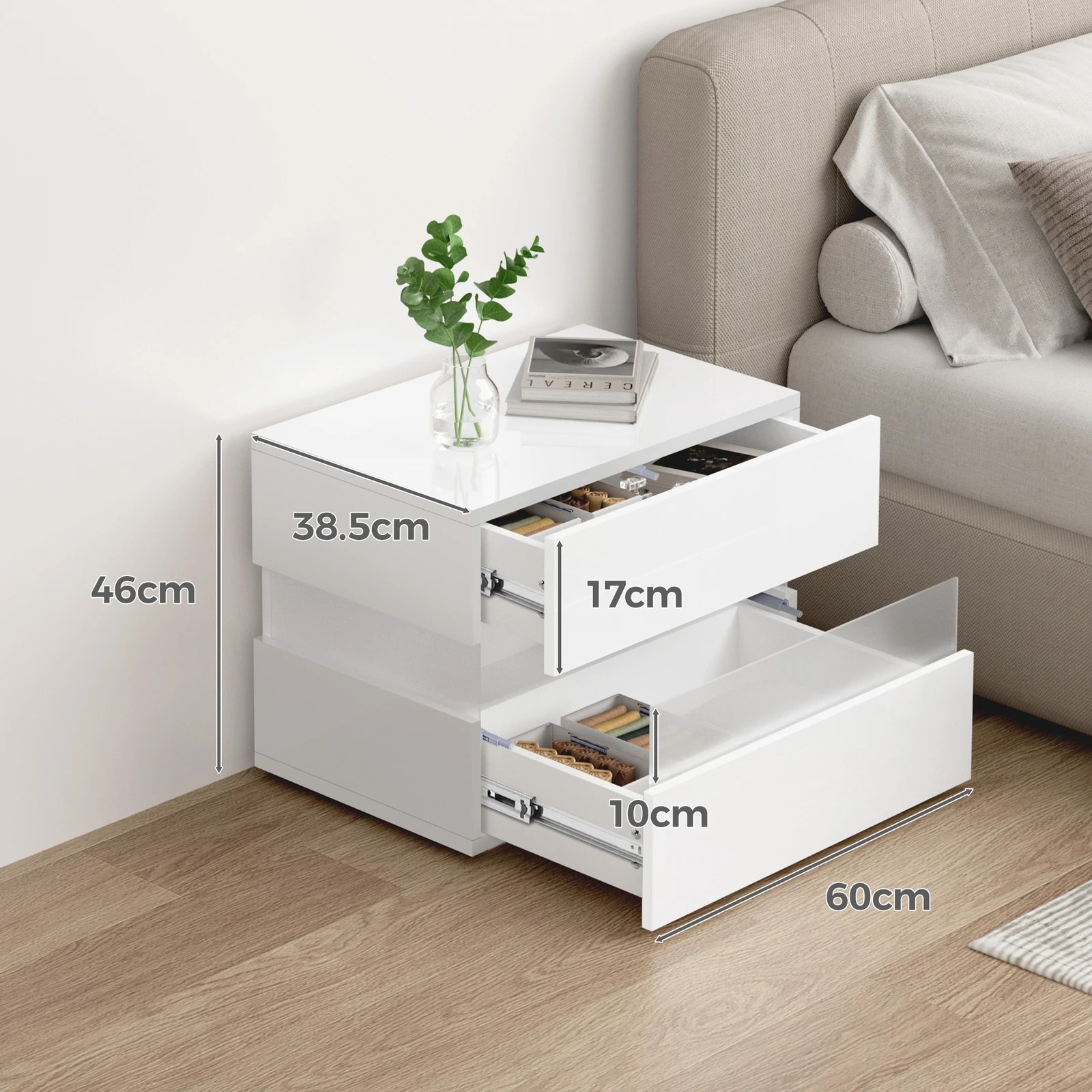 5 Alfordson 2x Bedside Table LED Nightstand 2 Drawers Gloss - White, 5 of 10