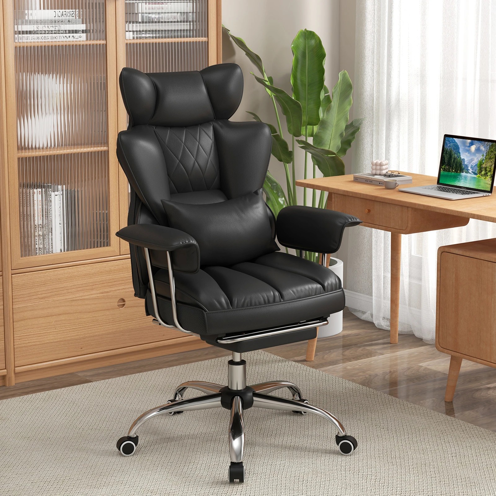 3 Costway 180kg Big & Tall Office Chair Executive Desk Chair w/Retractable Footrest - Black, 3 of 3