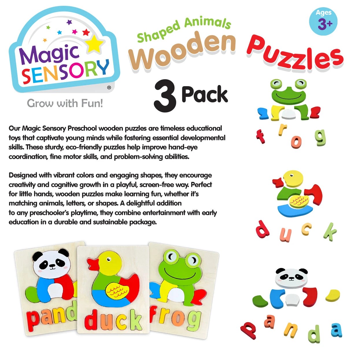 3 Magic Sensory Shaped Animals Wooden Puzzles Triple Pack, 3 of 5