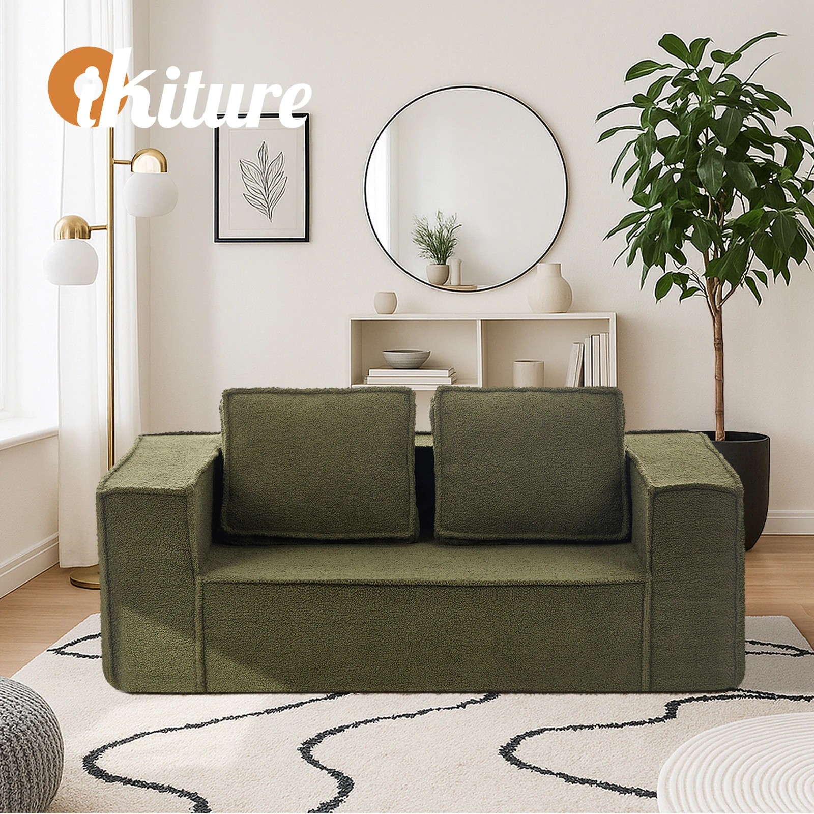 9 Oikiture 2-Seater Compressed Sofa Sherpa Boucle - Green, 9 of 10