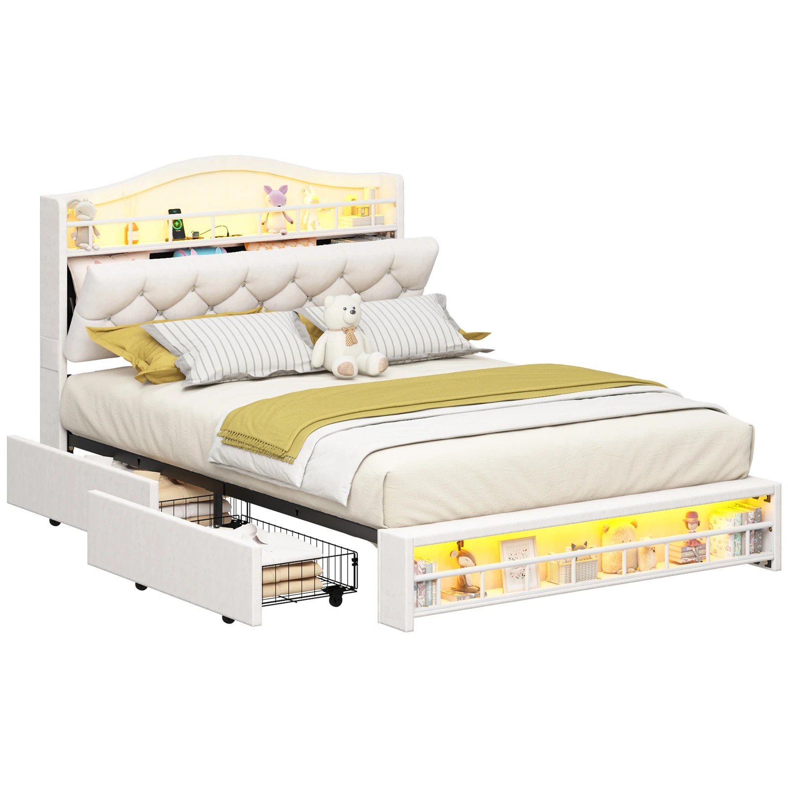 1 Advwin Double Size Velvet Princess Bed Frame with LED Lights, Charging Station & 4 Drawers - Beige, 1 of 8