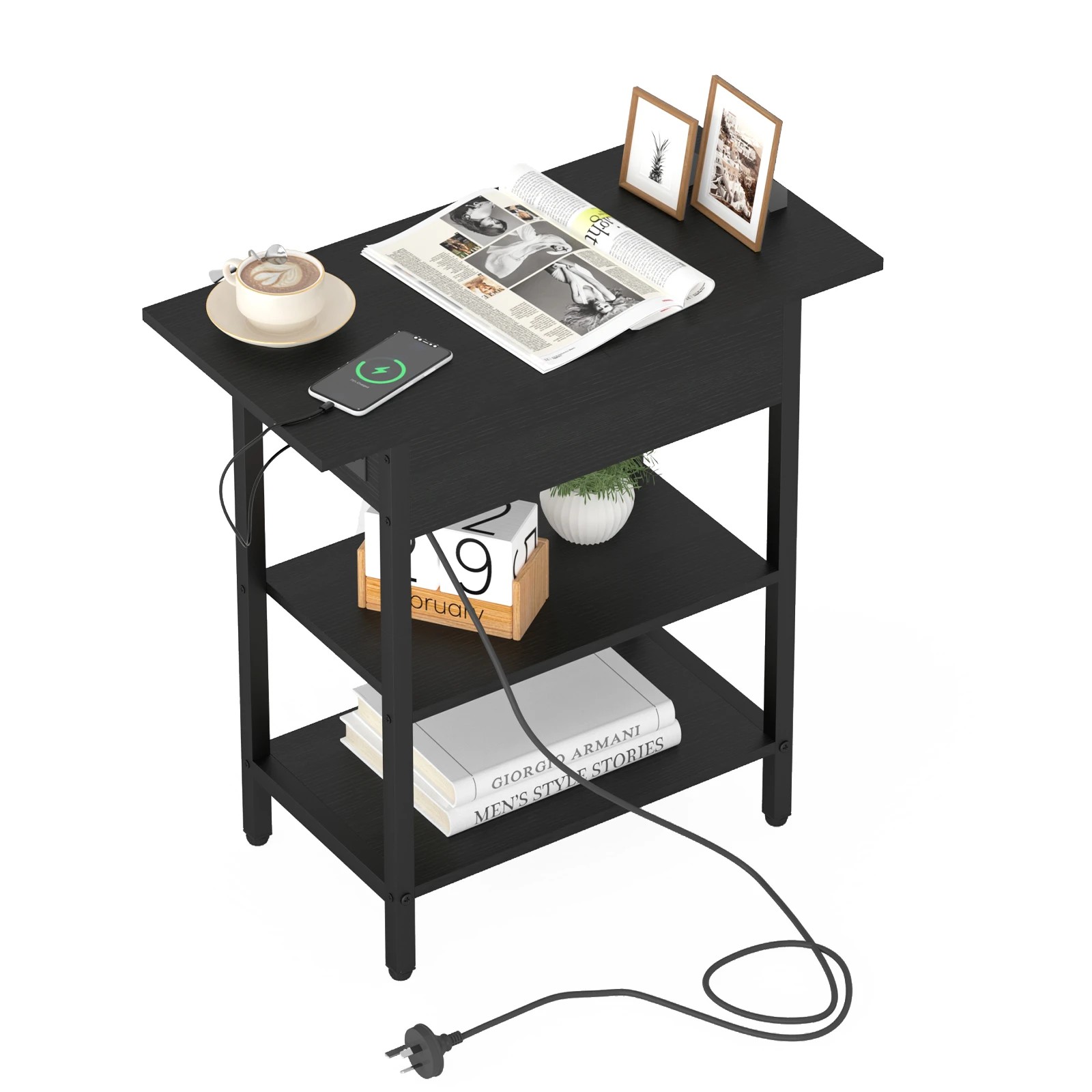5 Advwin Set Of 2 Flip Top Side Table W/ Charging Station Black, 5 of 8