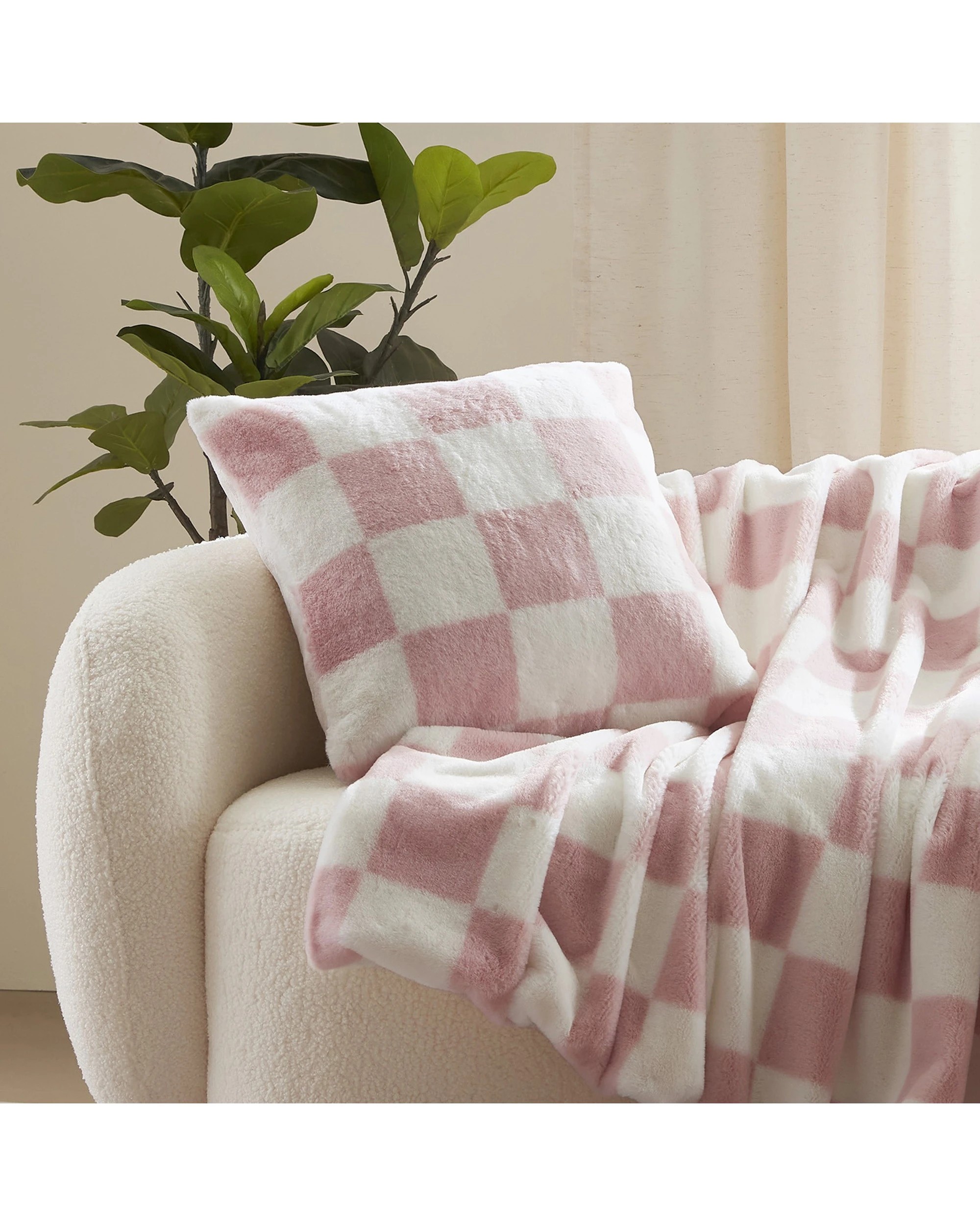 1 Dreamaker Checkered Plush Cushion 50x50cm - Pink and Cream, 1 of 5