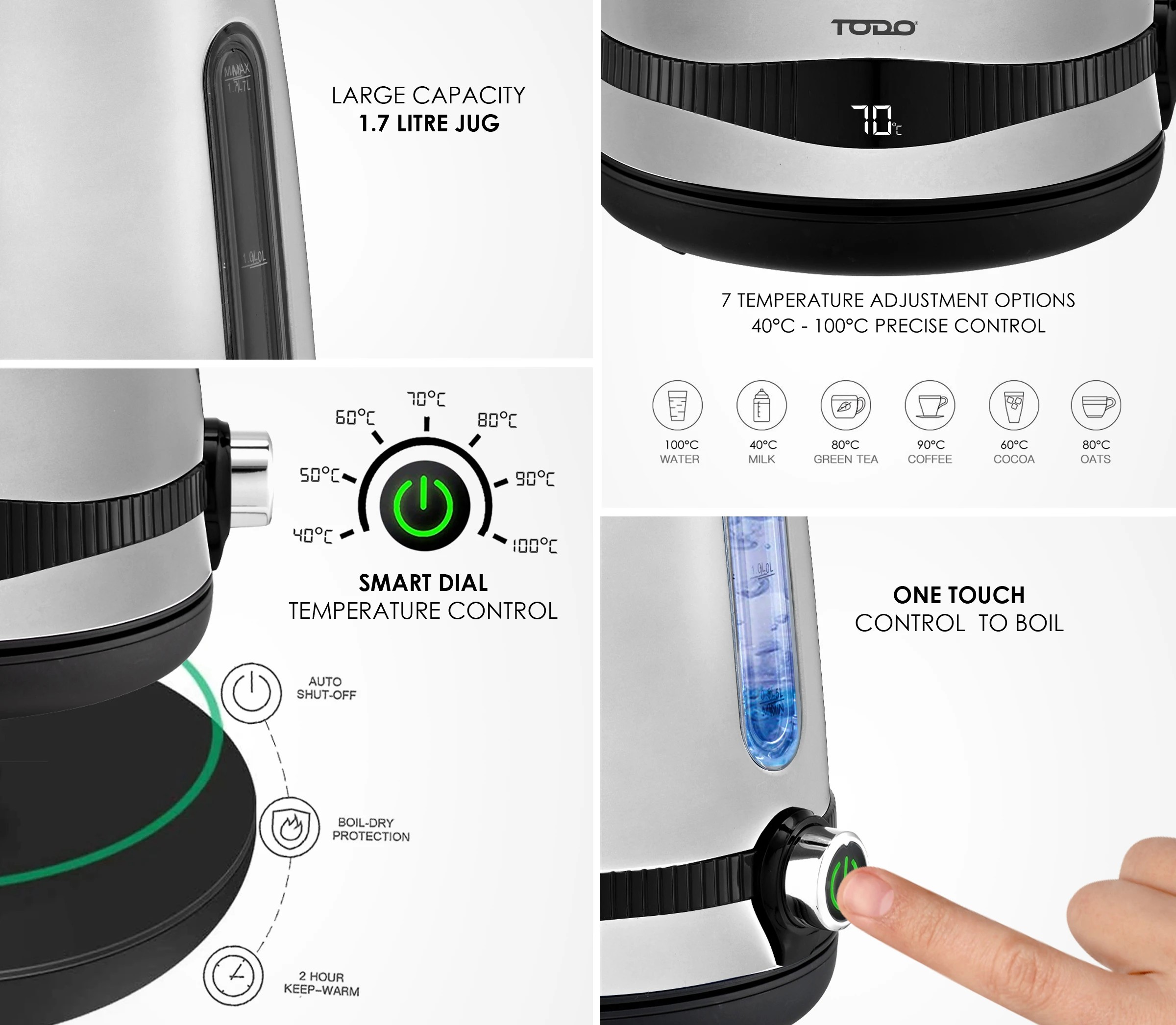 6 TODO 1.7L Stainless Steel Cordless Kettle Keep Warm Electric Led Water Jug - Silver, 6 of 6