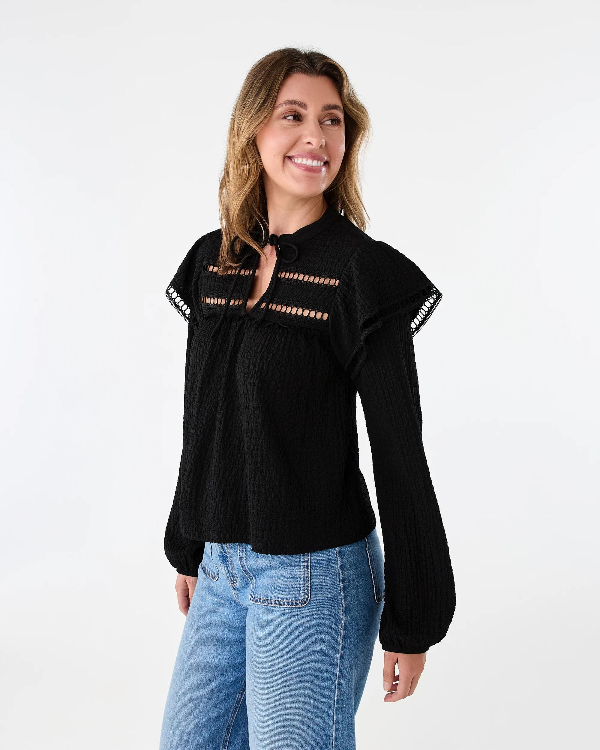 2 Long Sleeve Ruffle Detail Top Black, 2 of 8