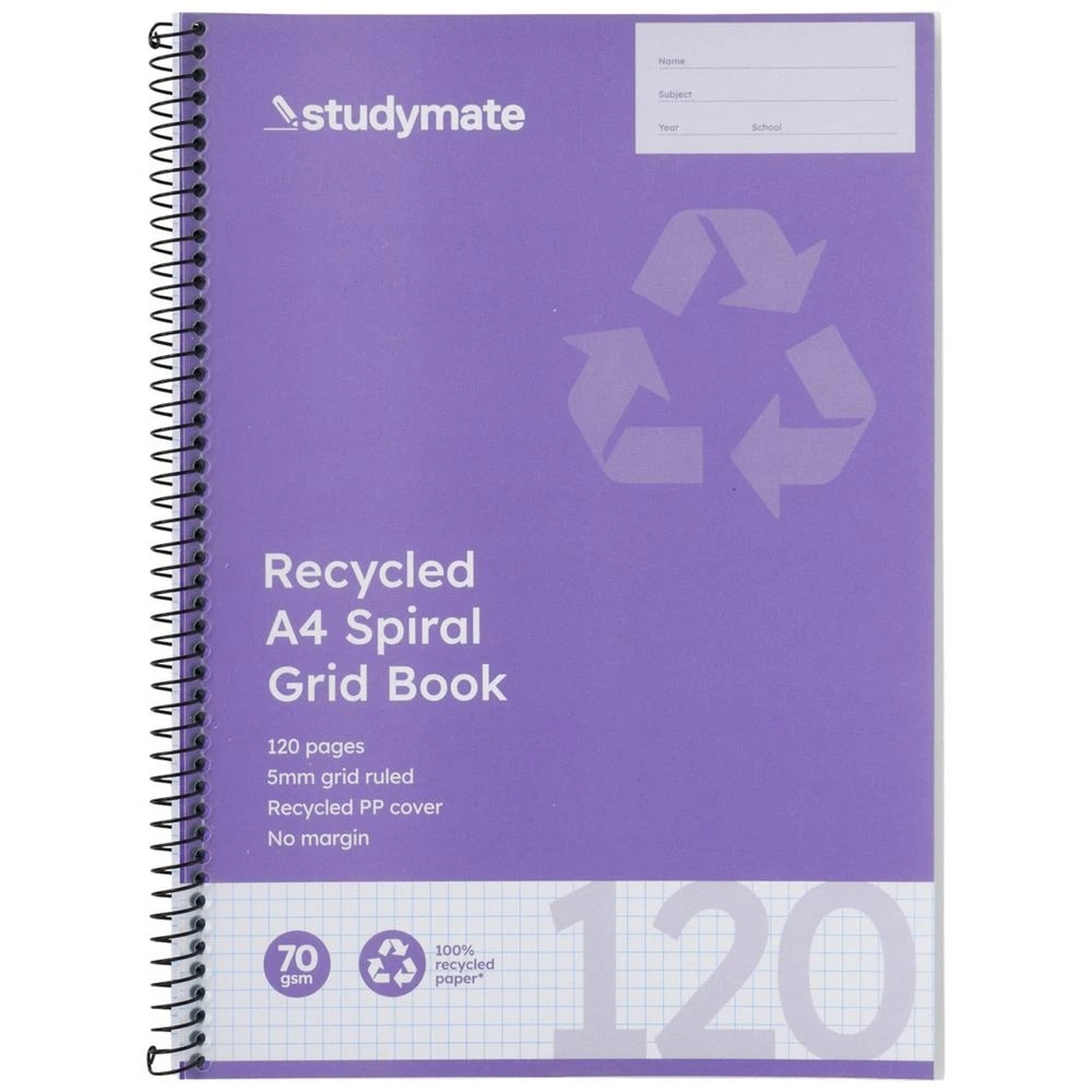 3 Studymate A4 Recycled Spiral Grid Notebook 120 Page, 3 of 3