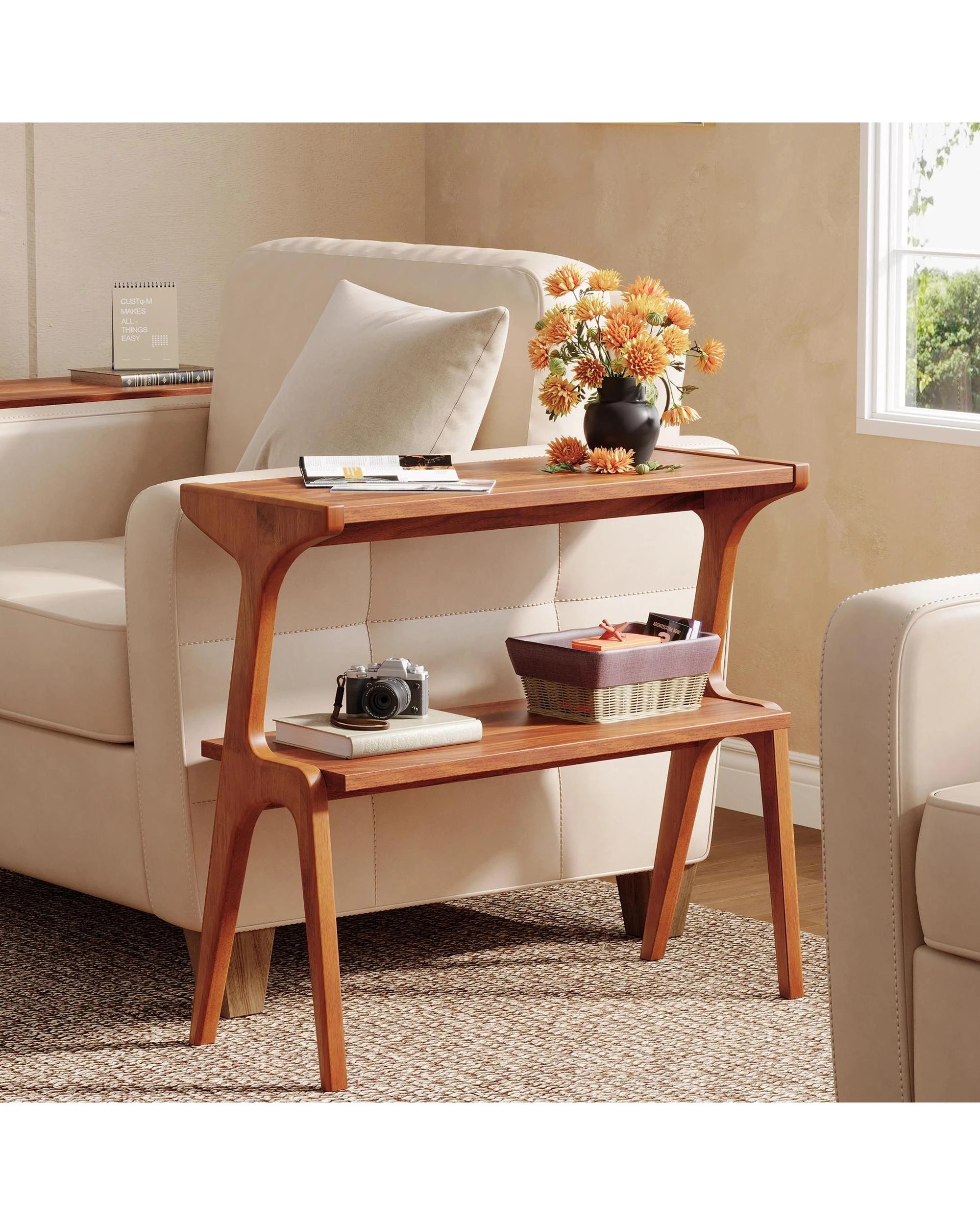 2 OAKORY 67cm Solid Wood Narrow Side Table with 2 Tier Storage Shelf in Rustic Brown, 2 of 5