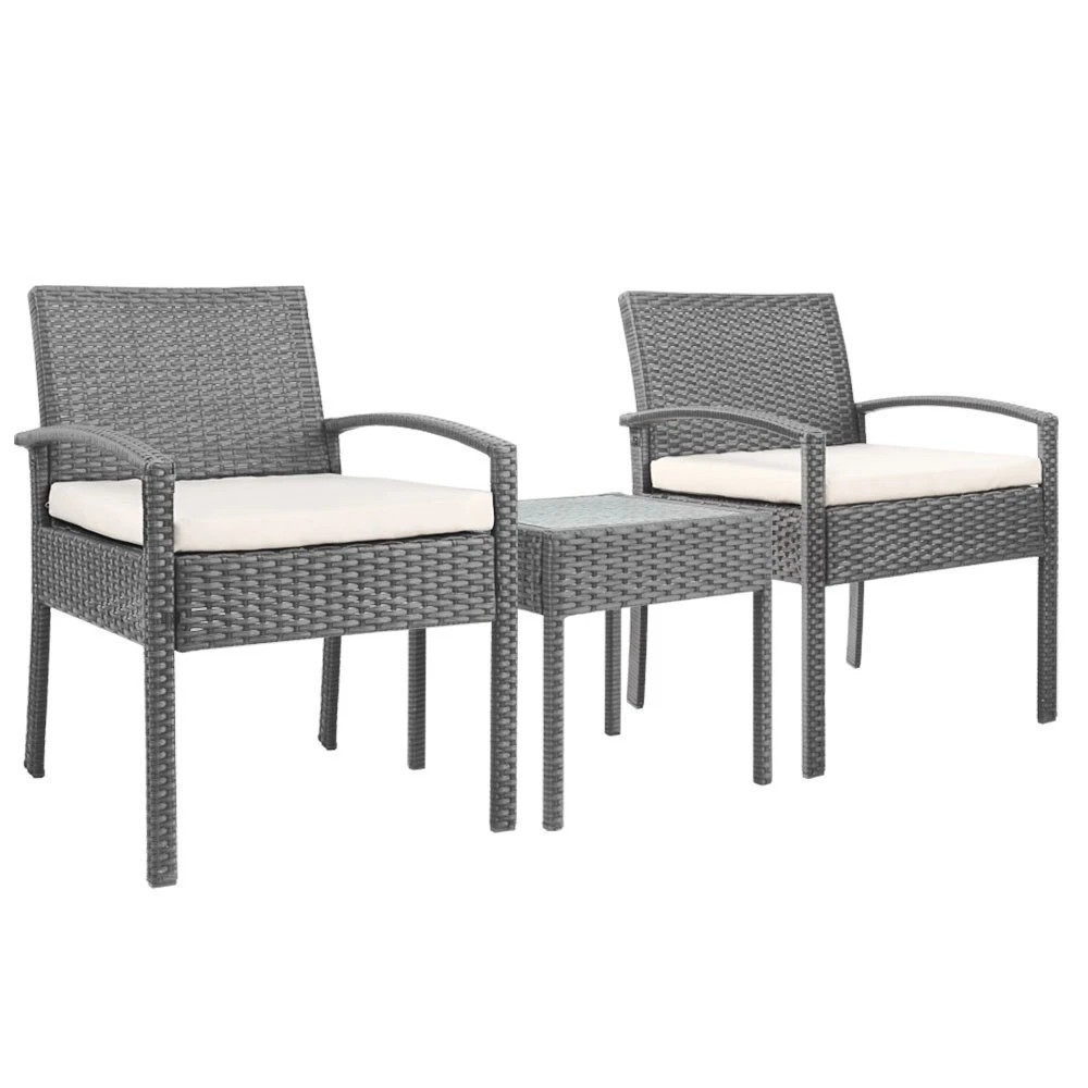 1 Gardeon 3PC Patio Furniture Bistro Set Wicker Outdoor Lounge Setting - Grey, 1 of 5