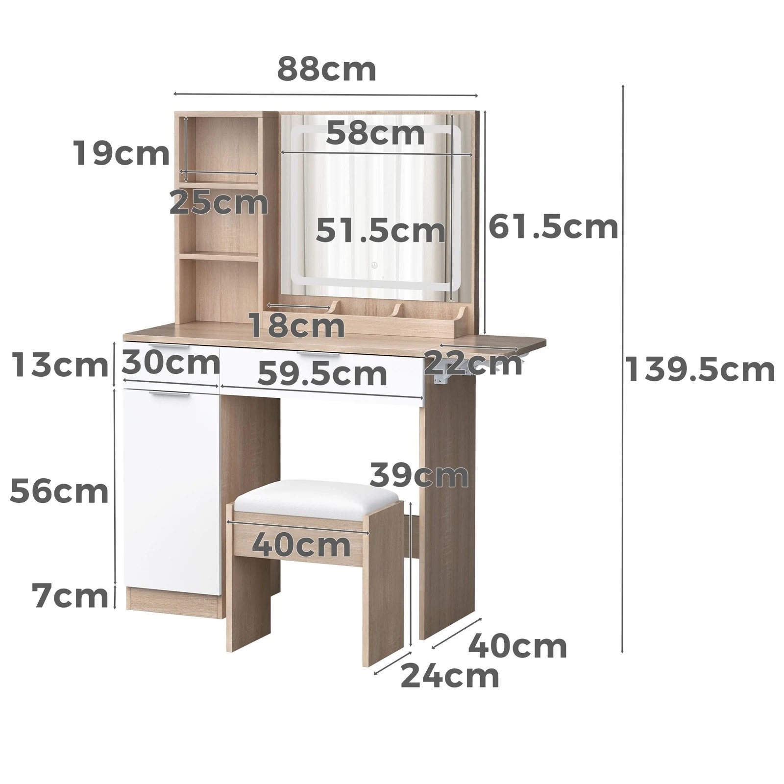 9 Alfordson Dressing Table Stool Set LED Vanity Desk Makeup Mirror Drawers - Oak, 9 of 10