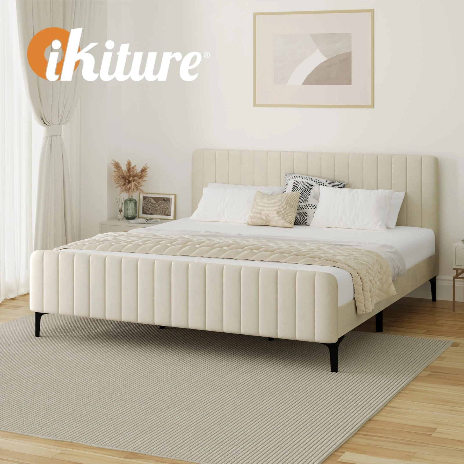 6 Oikiture King Bed Frame Beds Platform Velvet
 - Beige, 6 of 10