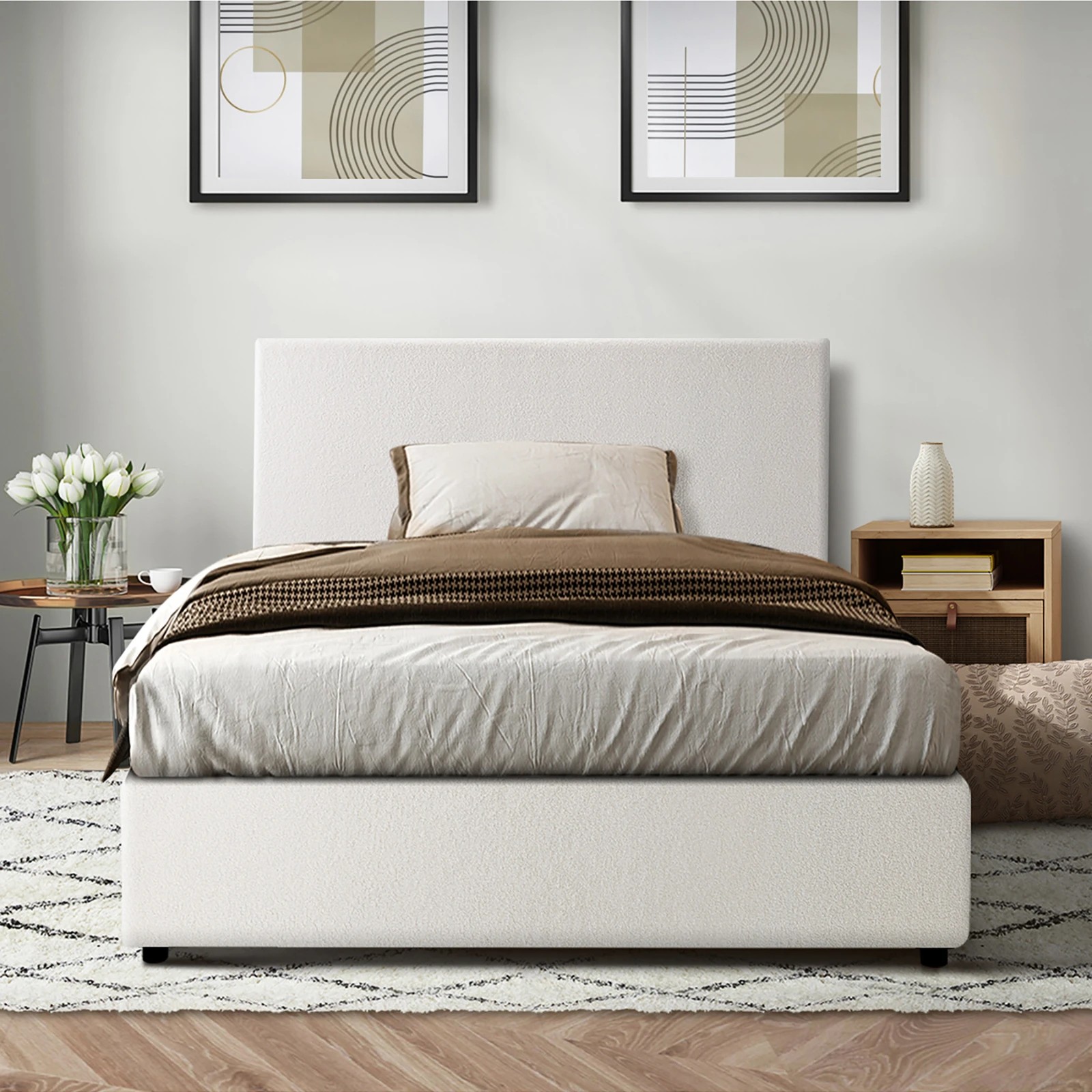 4 Oikiture Single Bed Frame Gas Lift Base With Storage Boucle
 - White, 4 of 10