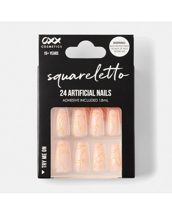 OXX Cosmetics 24 Pack Artificial Nails with Adhesive - Squareletto Shape, 3D Gold Swirl