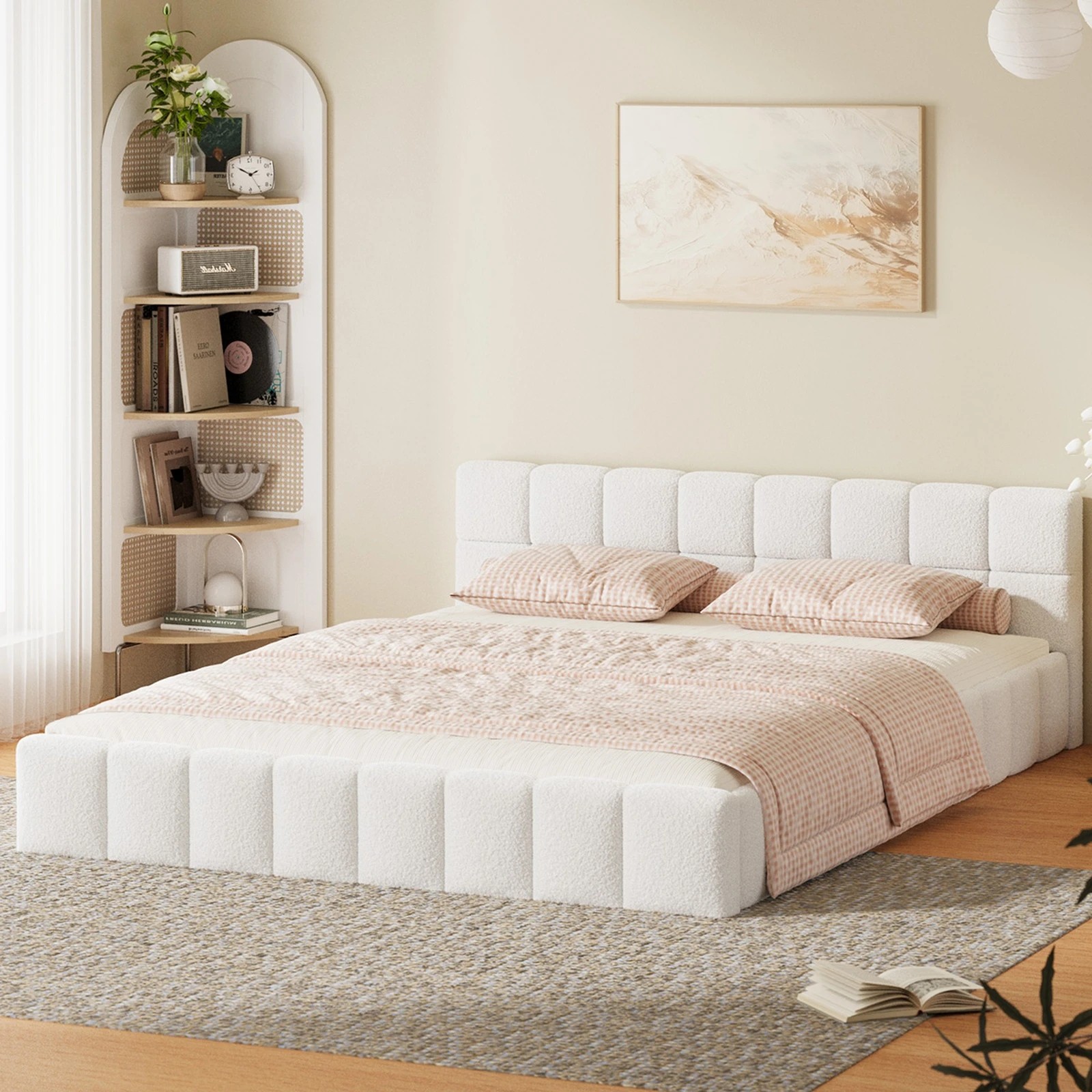 3 Oikiture Bed Frame Queen Size Tufted Headboard Boucle - White, 3 of 7