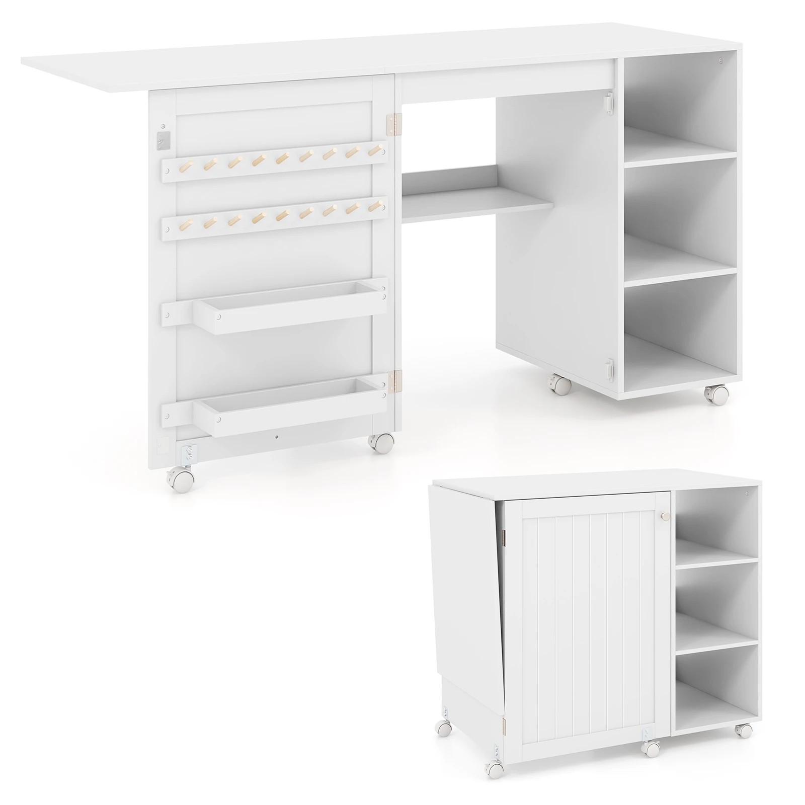 1 Costway Folding Sewing Table Portable Rolling Craft Station w/Storage Bins - White, 1 of 3