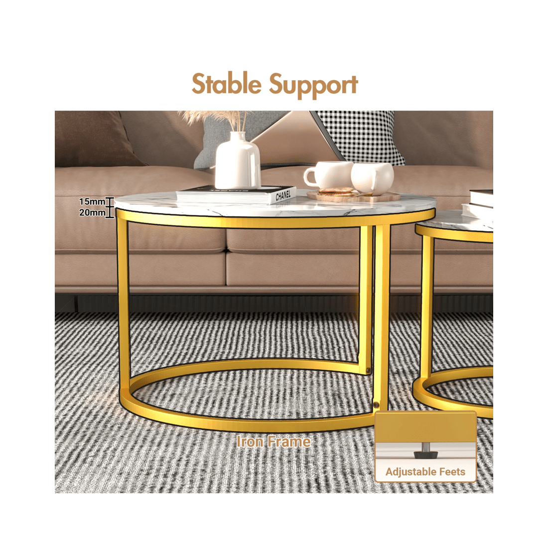 7 Advwin Nesting Coffee Table Marble Finish 65 & 45cm Gold Frame Round White, 7 of 8