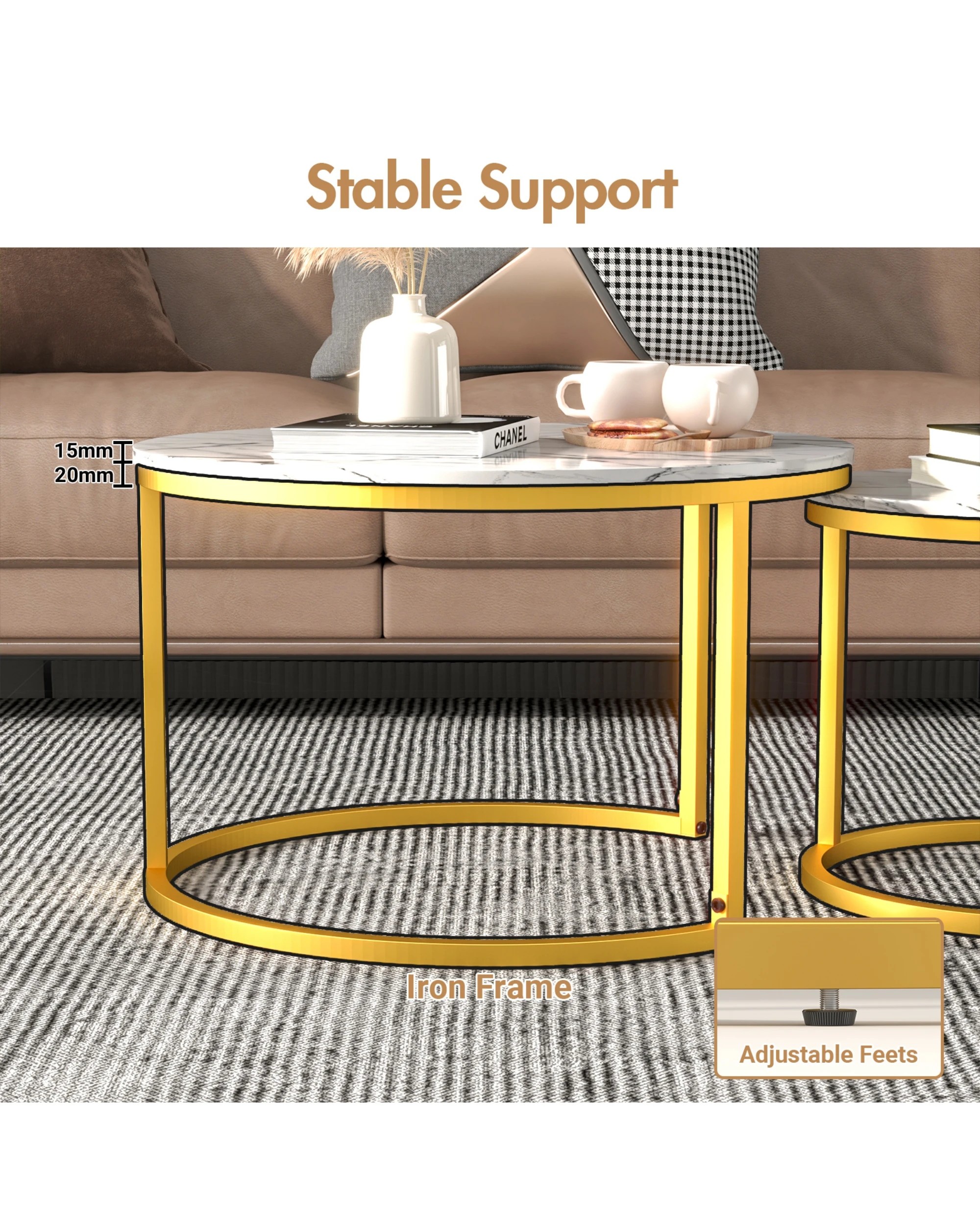4 Advwin Nesting Coffee Table Marble-look PVC Finish 65 & 45cm Gold Frame Round White, 4 of 7