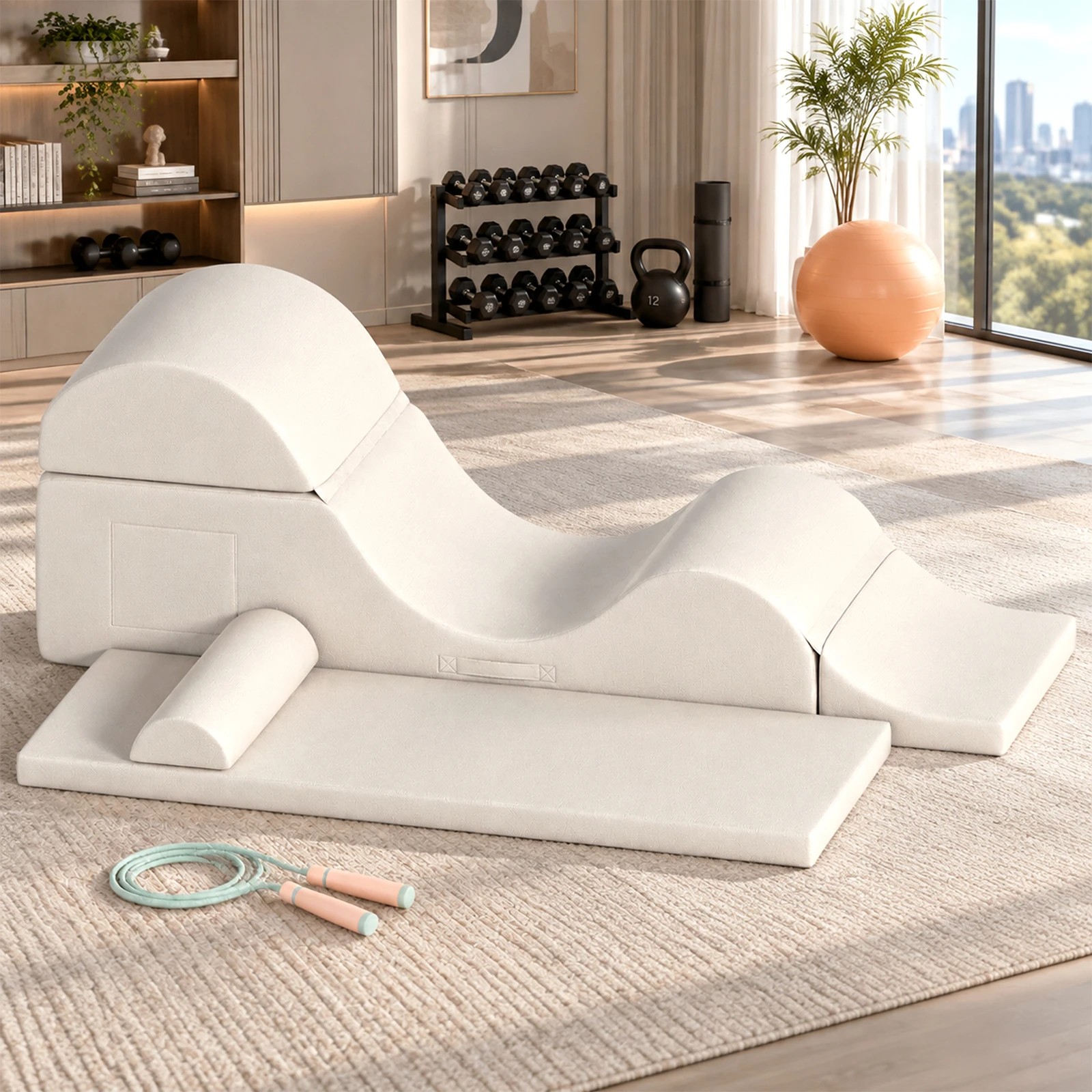 5 Advwin Convertible Yoga Chair Chaise Lounge with Suede Cover Detachable Mat - Beige, 5 of 7