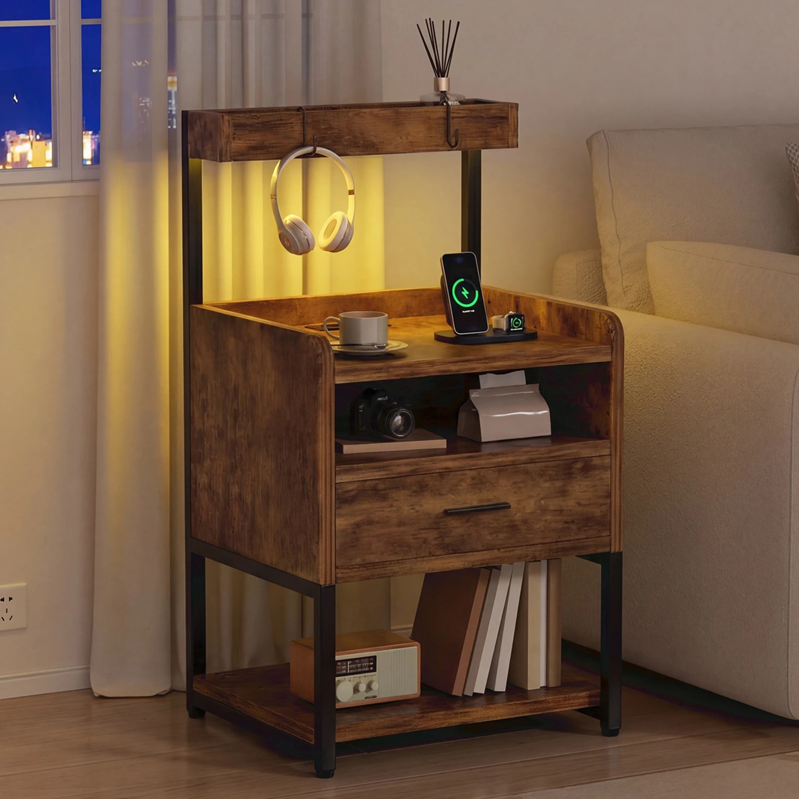 8 Advwin 2Pcs Bedside Table with Charging Station LED Lights Drawer and Open Storage Shelves - Brown, 8 of 10