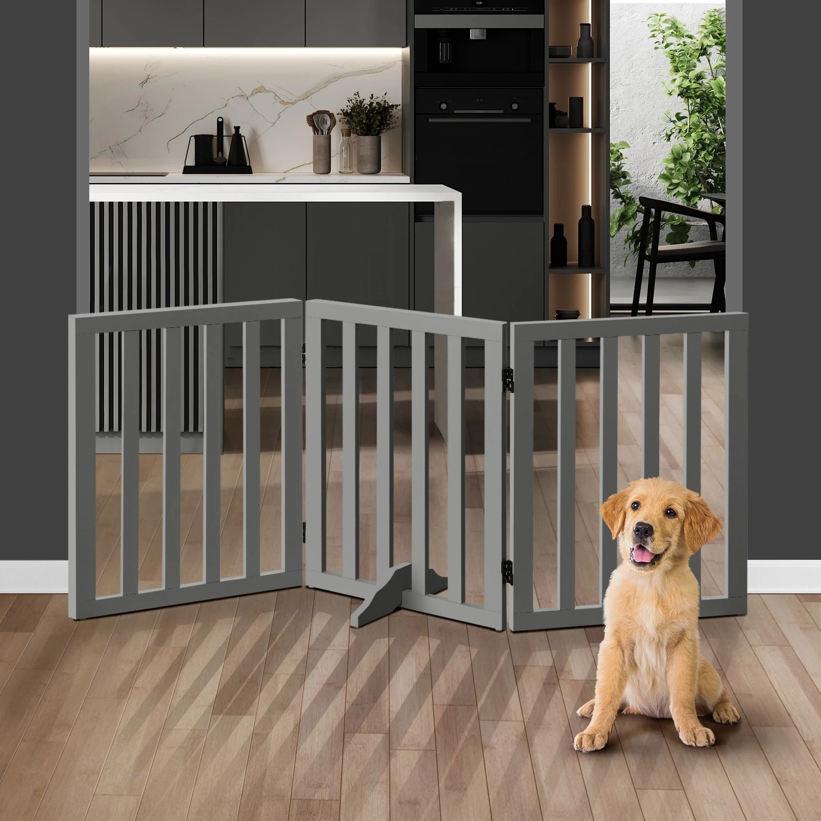 3 Alopet Wooden Pet Gate Dog Fence Safety Stair Barrier Security Door 3-Panel - Grey, 3 of 10