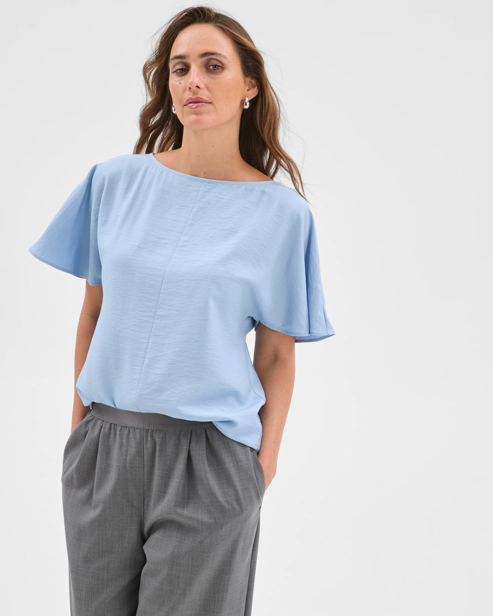 3 Preview Short Flutter Sleeve Textured Blouse BLUE MIST, 3 of 6
