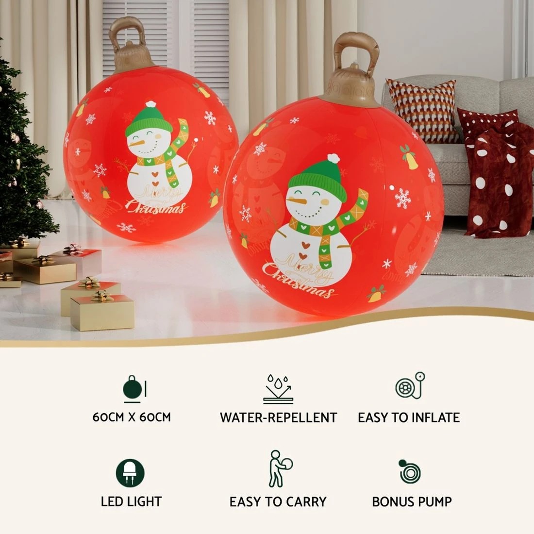 5 Jingle Jollys Christmas Inflatable Ball 60cm Illuminated Led Snowman Xmas Decor Durable Space Saving Modern Decor - Red, 5 of 7