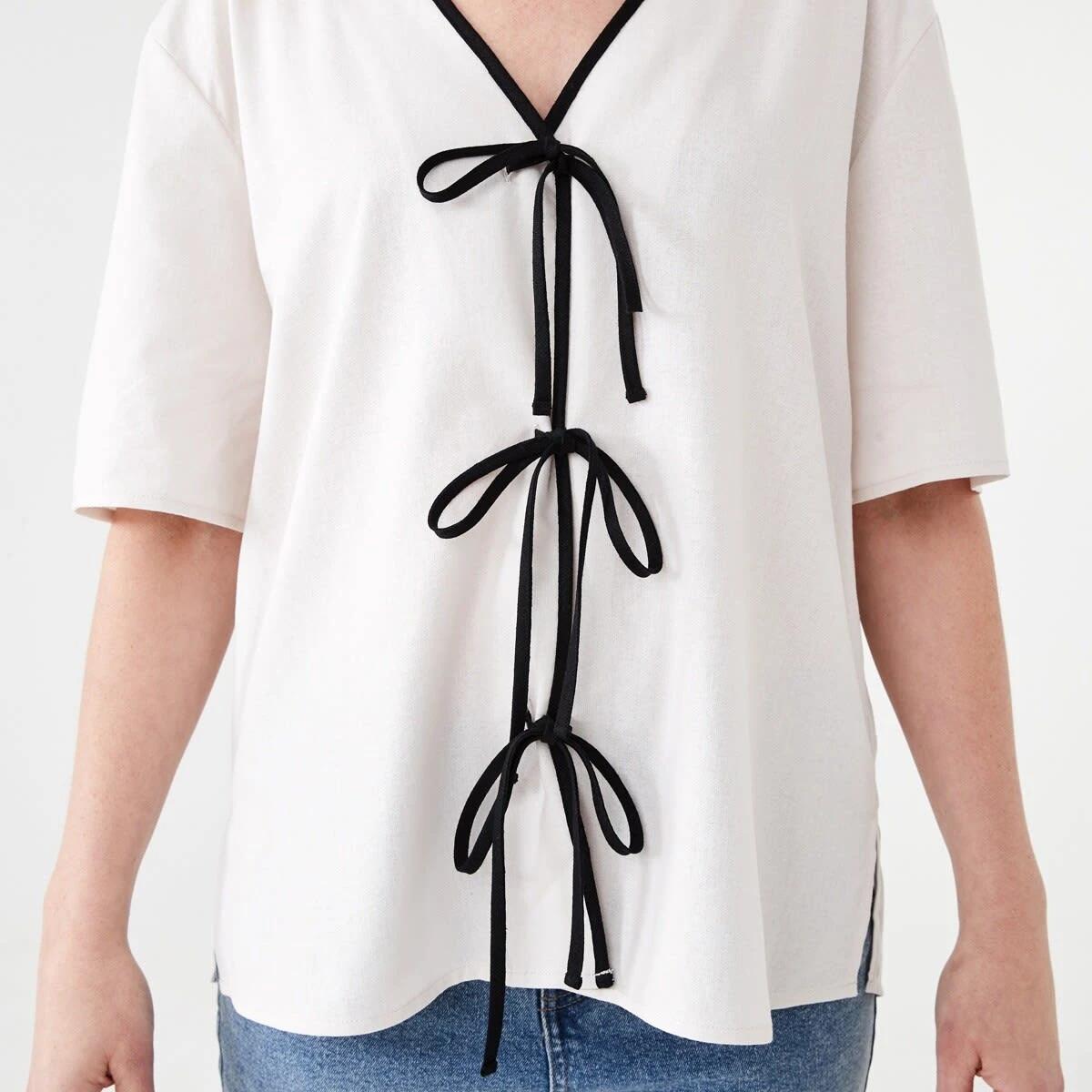 5 Short Sleeve Tie Front Top NATURAL BEIGE, 5 of 6