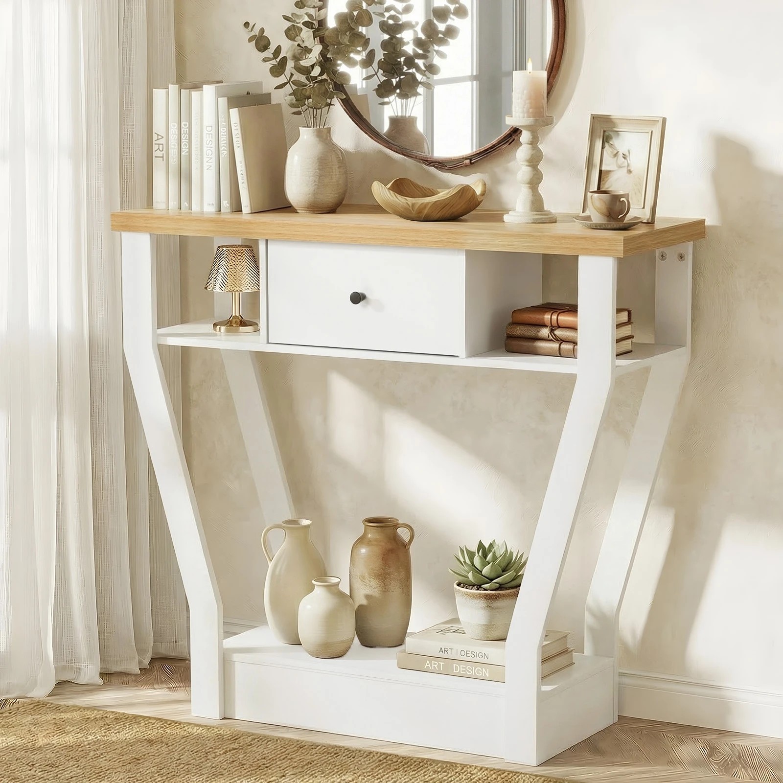 3 Oikiture Console Table 1 Drawer Hallway Entryway Storage Shelf Side Desk - White, 3 of 8