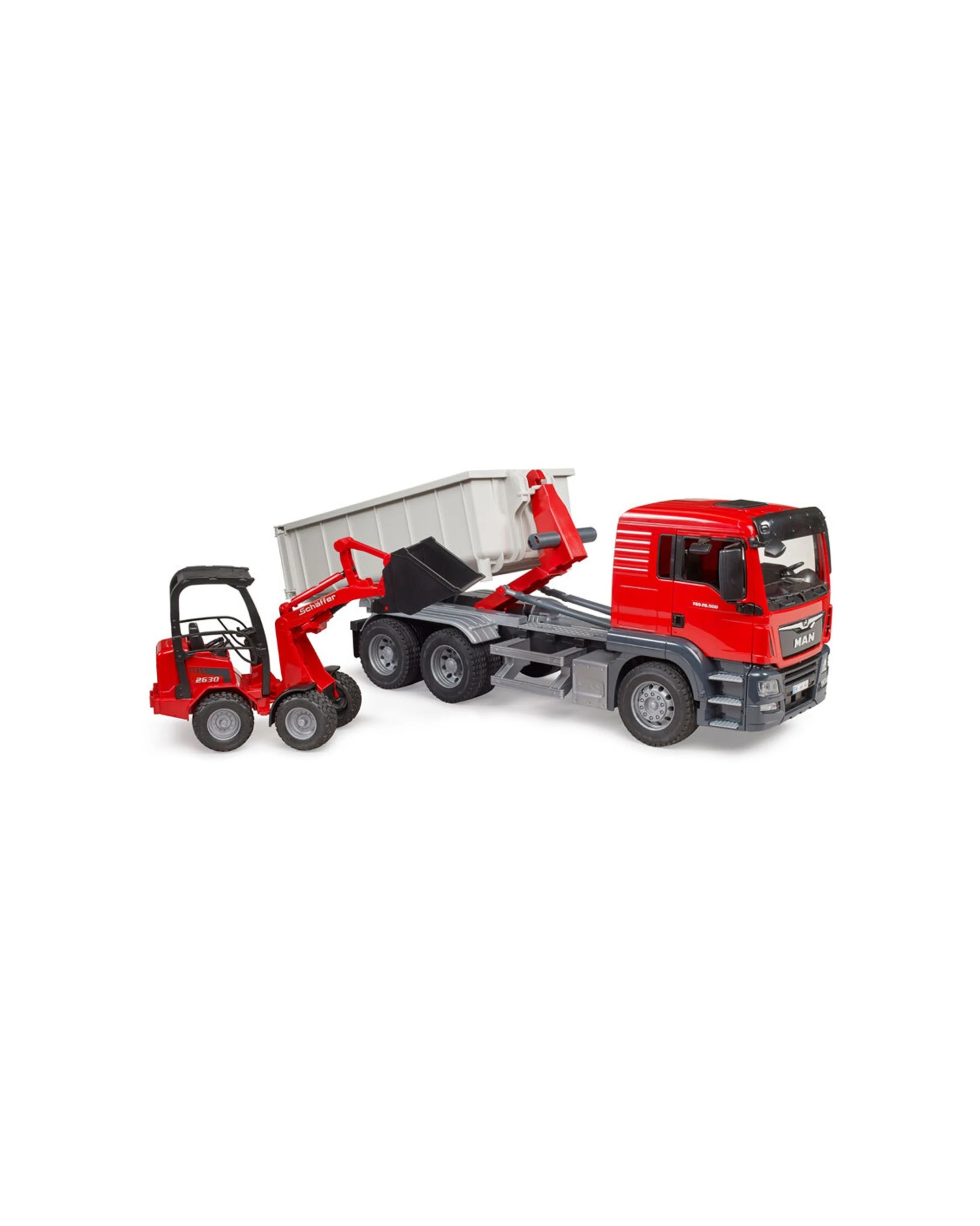 1 Bruder Man Tgs Truck With Roll Off Container And Loader Construction Toy 4 Plus - Red, 1 of 1