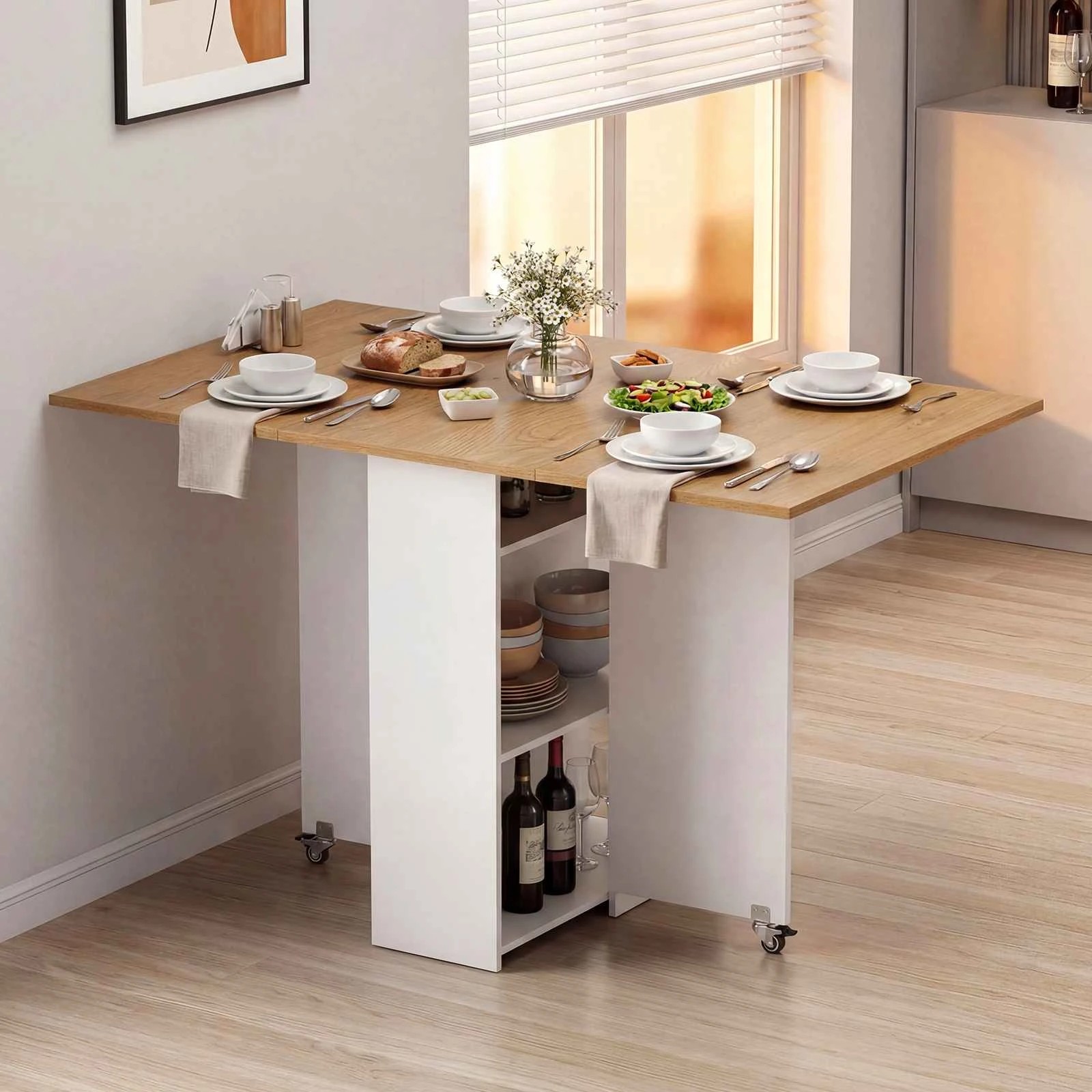 4 Costway Folding Dining Table Extendable Wooden Kitchen Console Table Drop Leaf w/Shelves & Drawer - White, 4 of 5