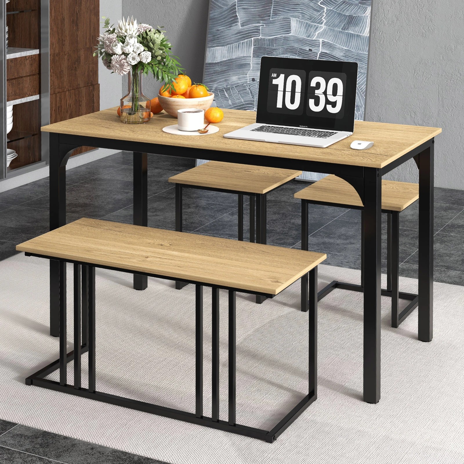 3 Costway 4PCS Dining Table Chair Set Industrial Metal Frame Table Bench & Stool - Natural, 3 of 4