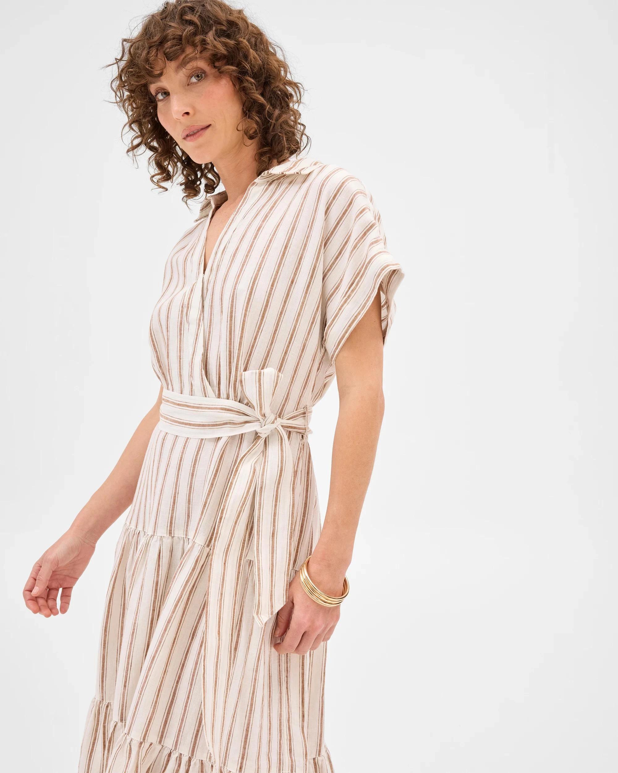 3 Target Woman European Linen Tiered Wrap Midi Dress GINGERBREAD/STRIPE, 3 of 9