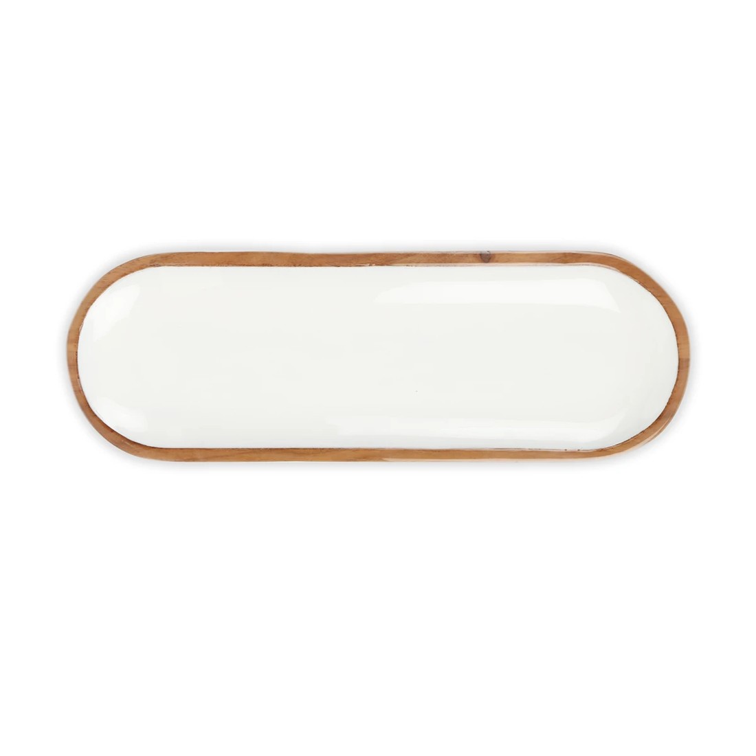 3 White Enamel and Acacia Wood Oval Platter, 3 of 6