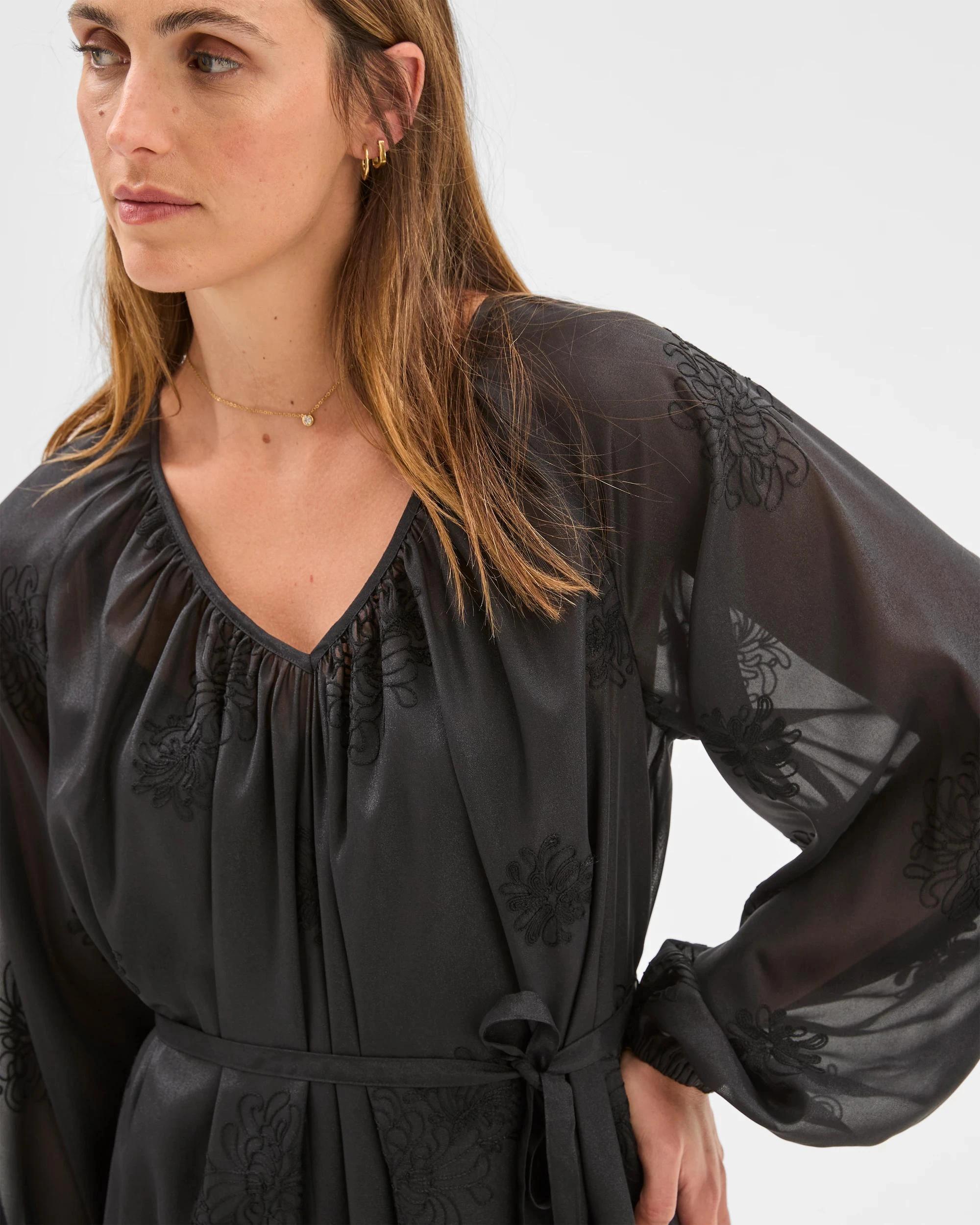 3 Preview Long Sleeve Embroidered Detail Mini Dress BLACK, 3 of 6