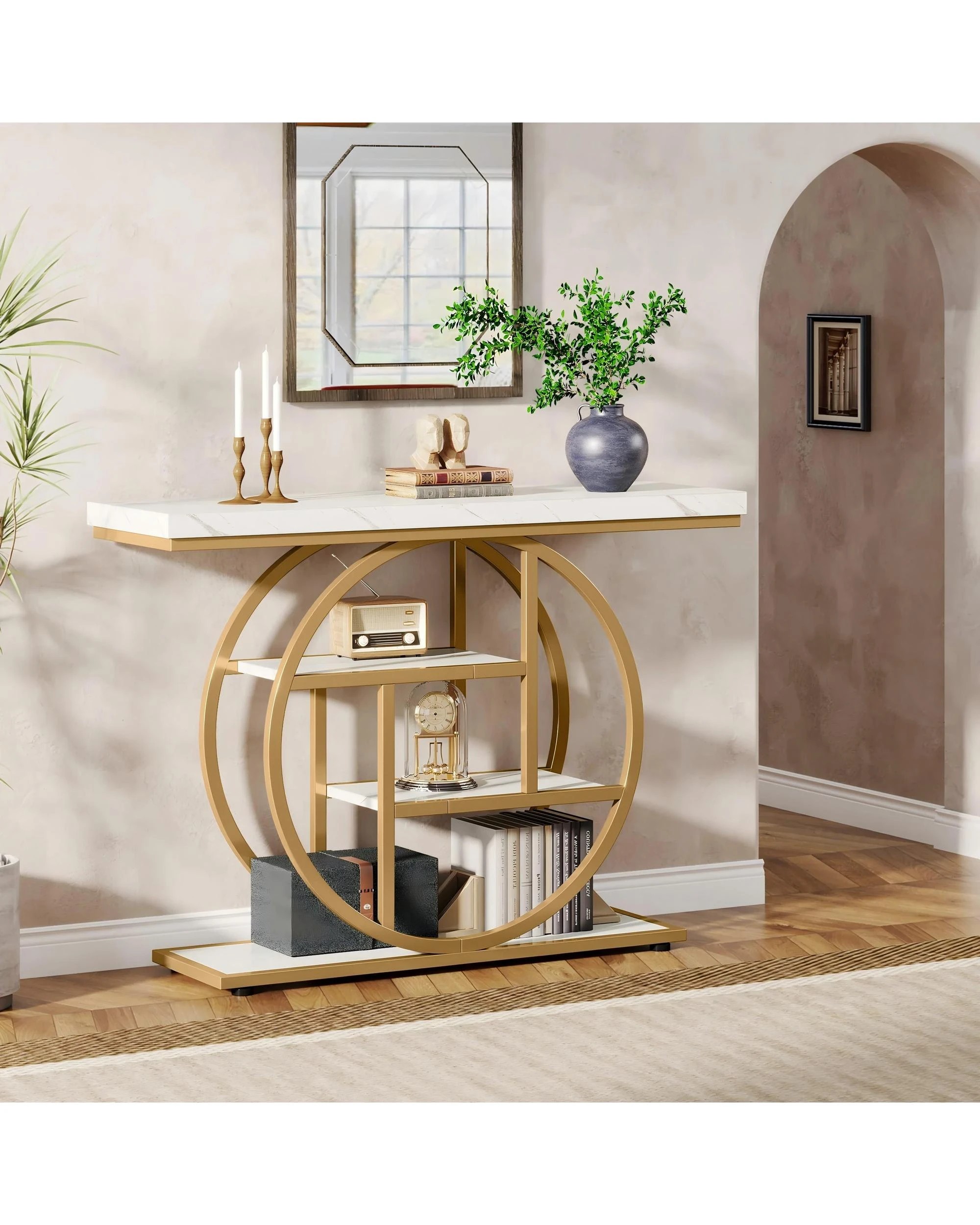 2 OAKORY 105cm Industrial Console Table with Gold Circular Metal Base 4-Tier Shelves in White, 2 of 7