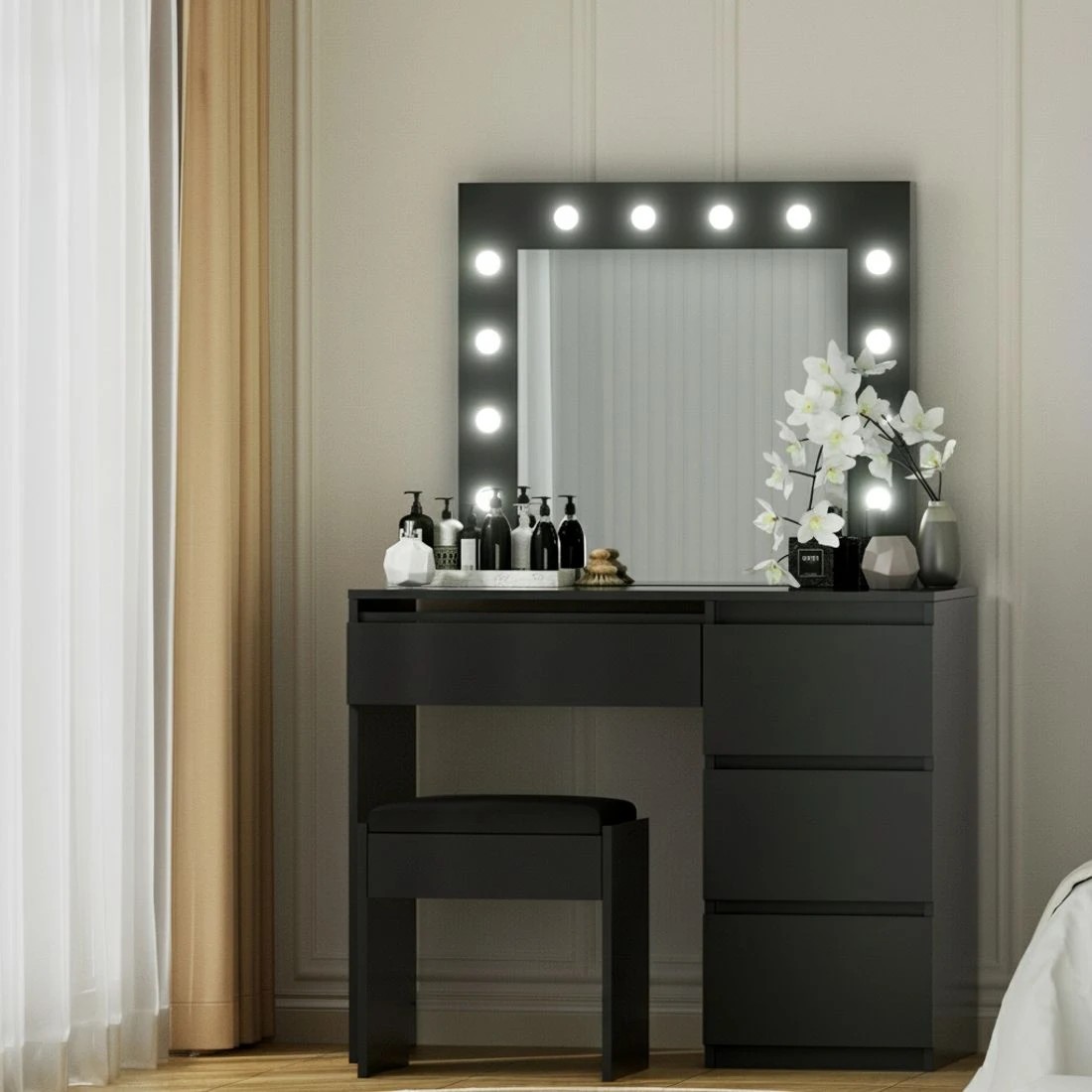 6 Artiss Dressing Table Set Stool 12 Led Bulbs - Black, 6 of 6