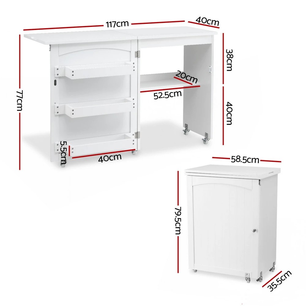 2 Artiss Folding Sewing Table Sewing Machine Desk Multi-functional Rolling Work Table - White, 2 of 2