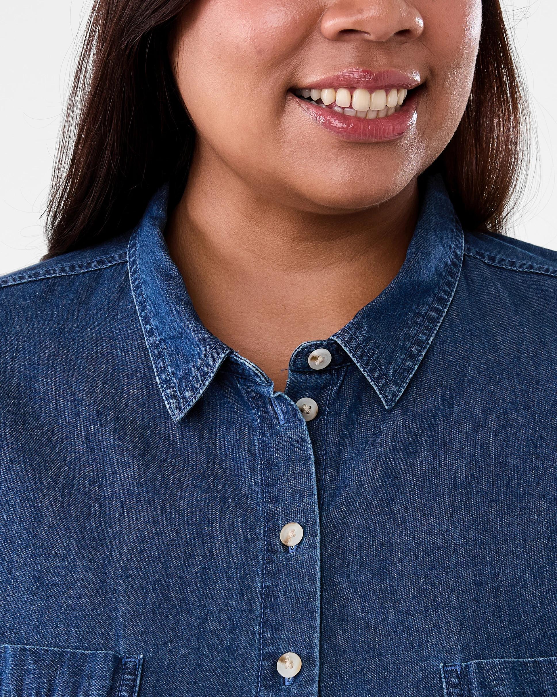 6 Curve Long Sleeve Denim Shirt Mid Wash, 6 of 9