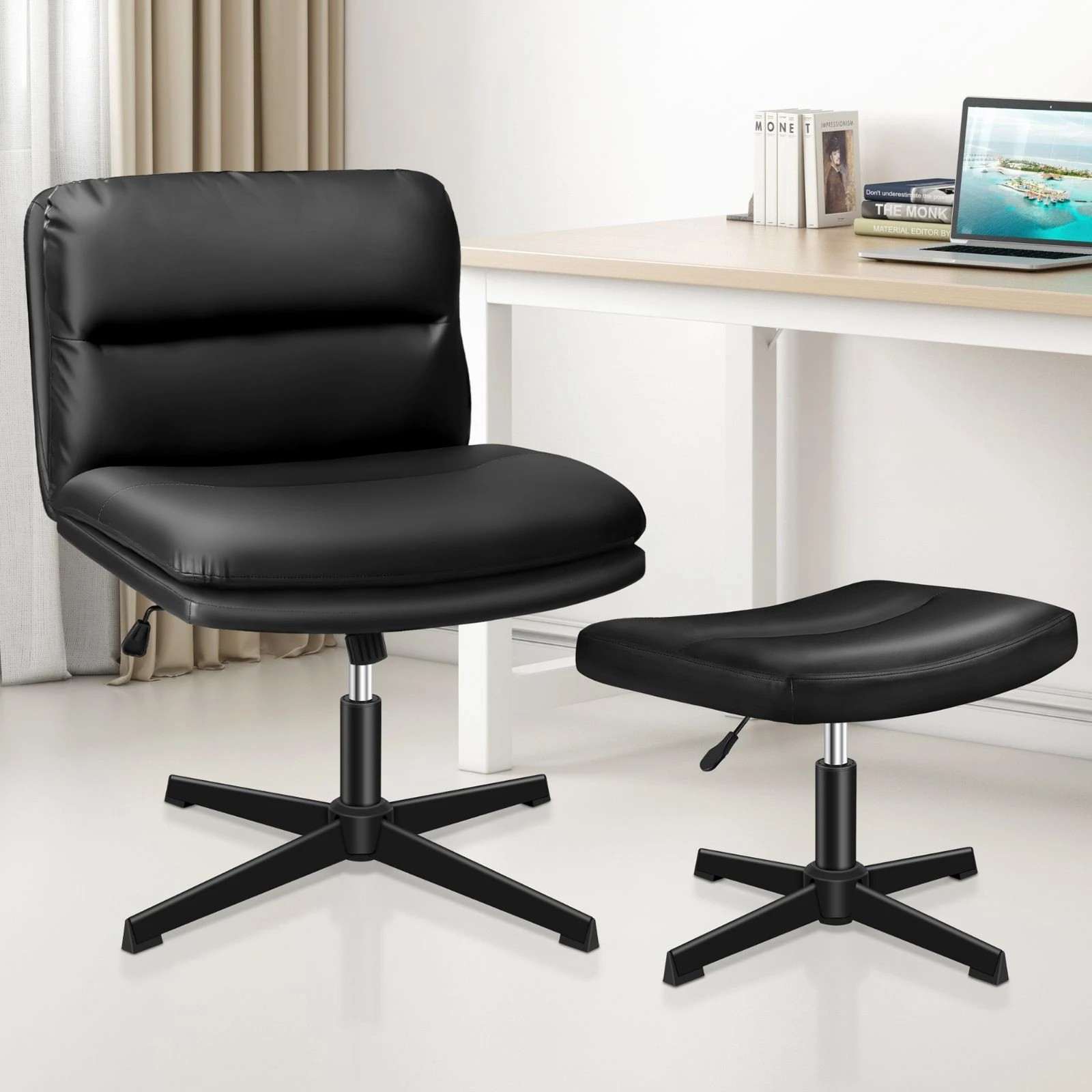 7 Alfordson Office Chair Computer Cross-legged Seat Work Ottoman PU Leather - Black, 7 of 10