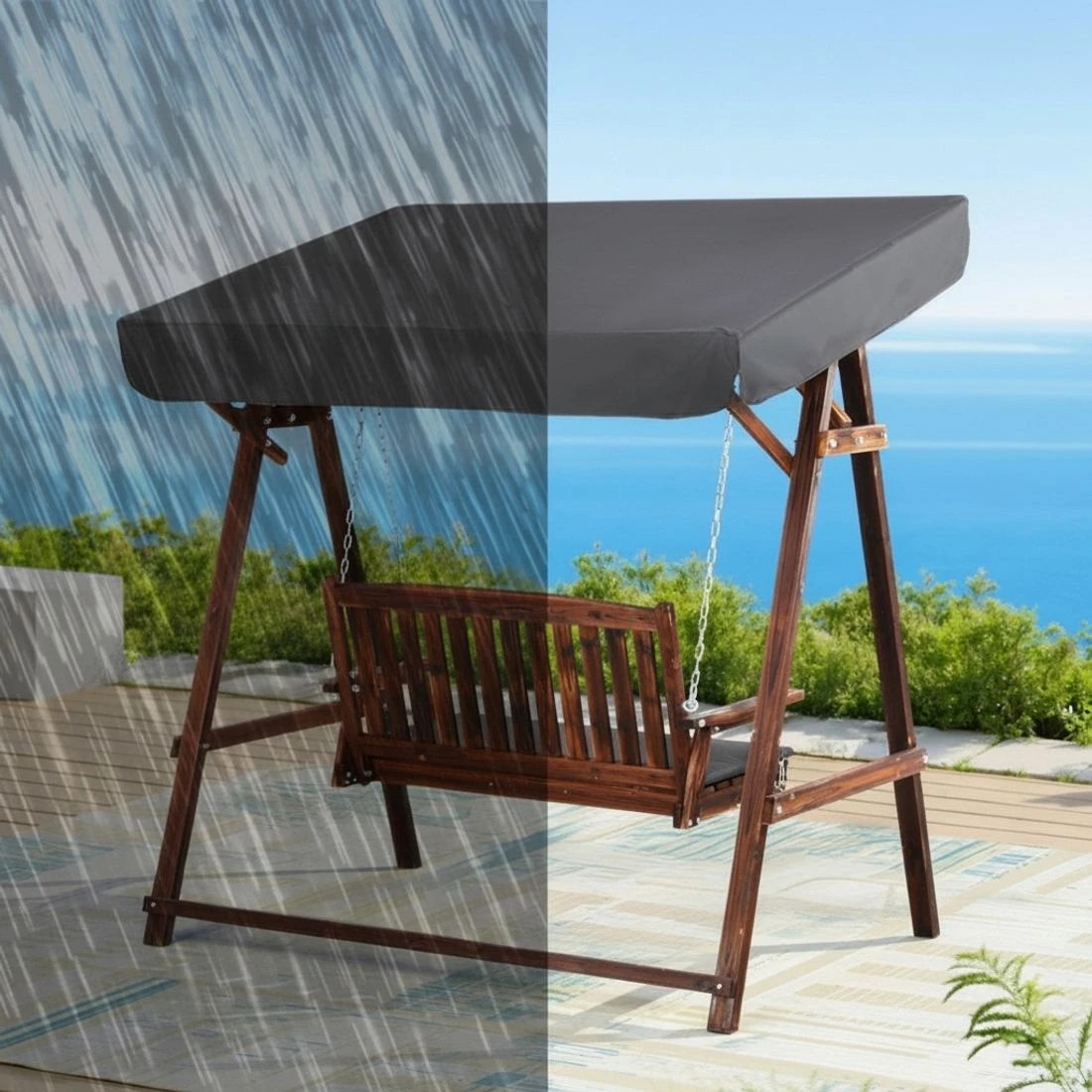 6 Gardeon Outdoor Wooden Swing Chair Garden Bench Canopy Cushion 2 Seater - Charcoal, 6 of 6