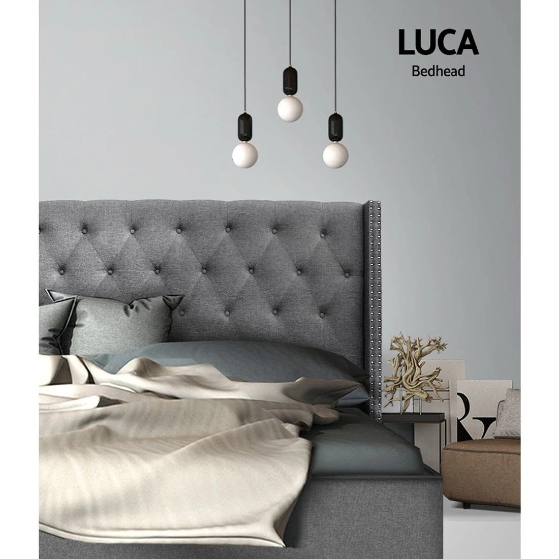 5 Artiss Luca Wingback Queen Bed Headboard Tufted Linen Fabric Padded Studded Design Modern Bedroom Comfort Accent - grey, 5 of 7