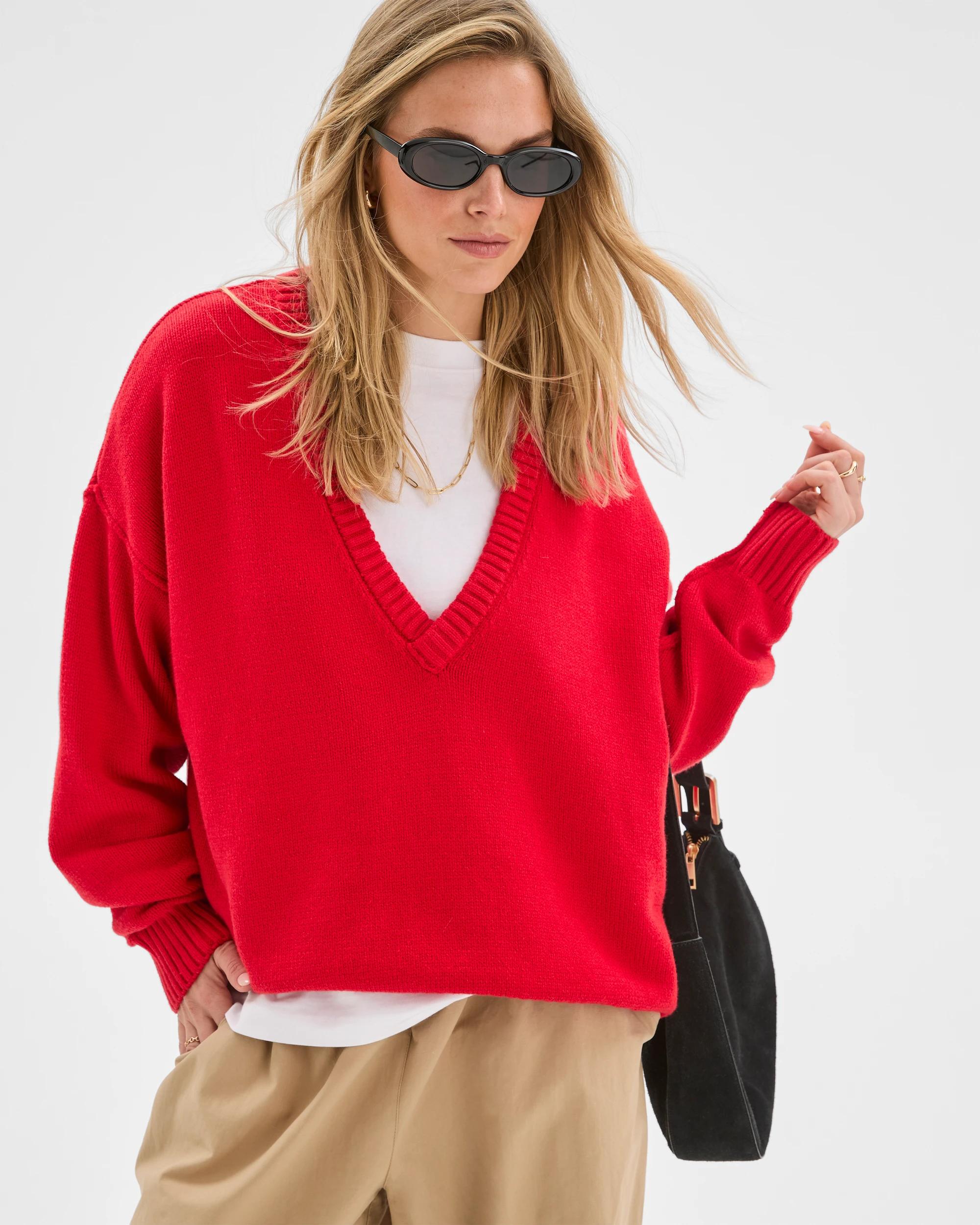 2 Lily Loves Australian Cotton Blend Deep V-Neck Jumper FLAME, 2 of 7