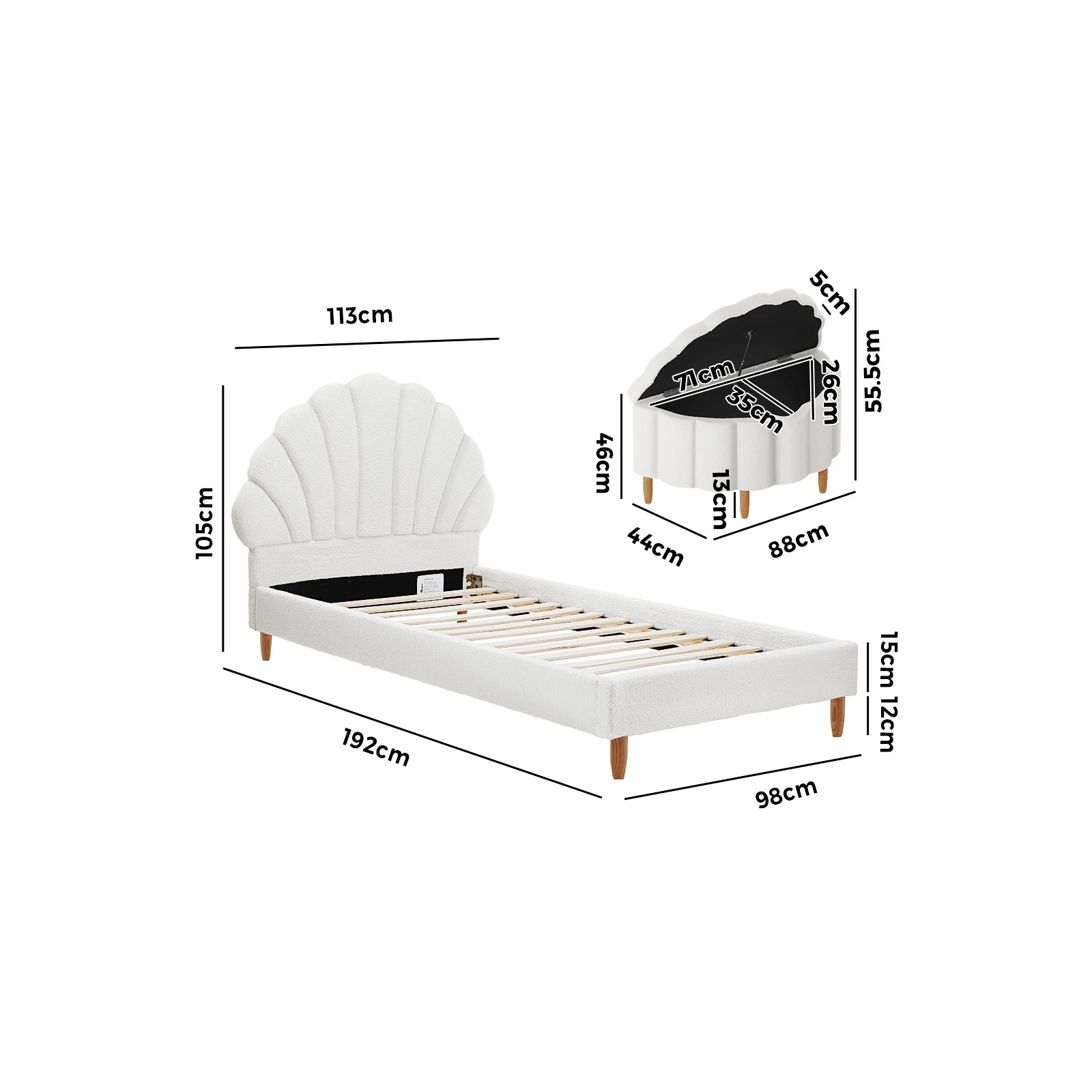 2 Oikiture Boucle Bed Frame with Ottoman Set Scallop Shaped Sherpa Bedhead Single - White, 2 of 9