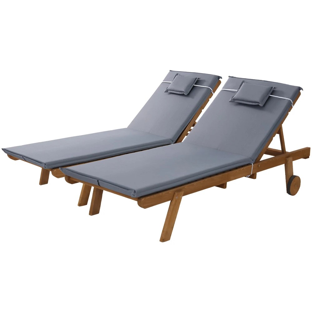 1 Gardeon 2x Sun Lounge Wooden Lounger Outdoor Furniture Day Bed Wheel Patio - Grey, 1 of 5